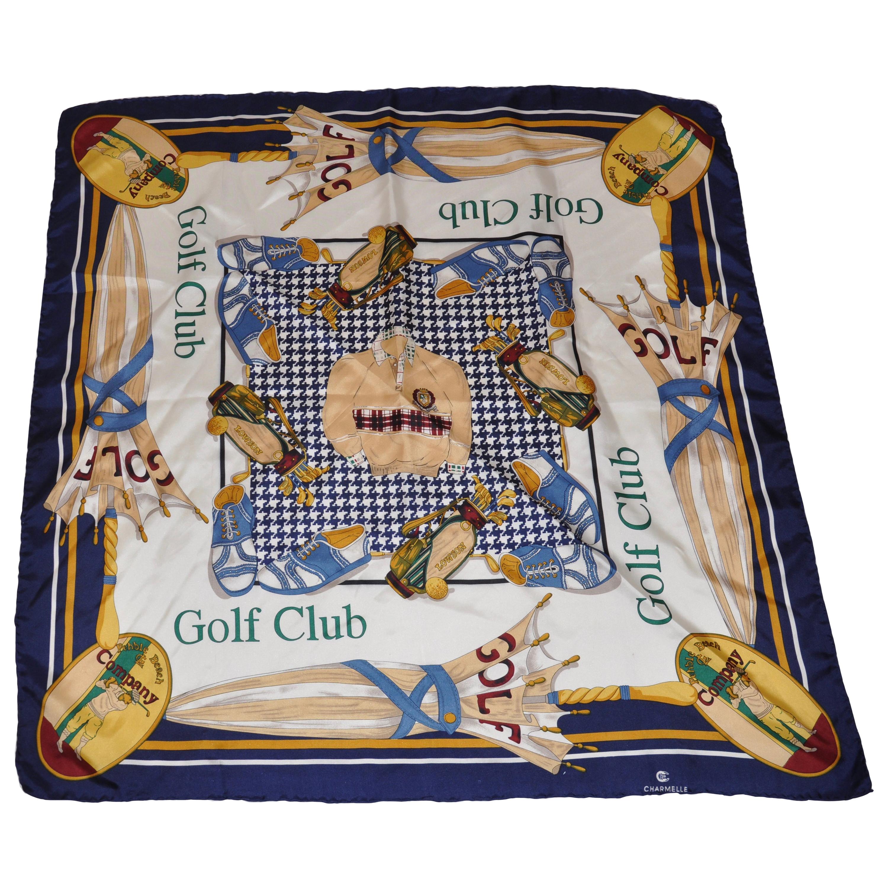 Charmelle Wonderfully Detailed "Pebble Beach Golf Club" Silk Scarf For Sale