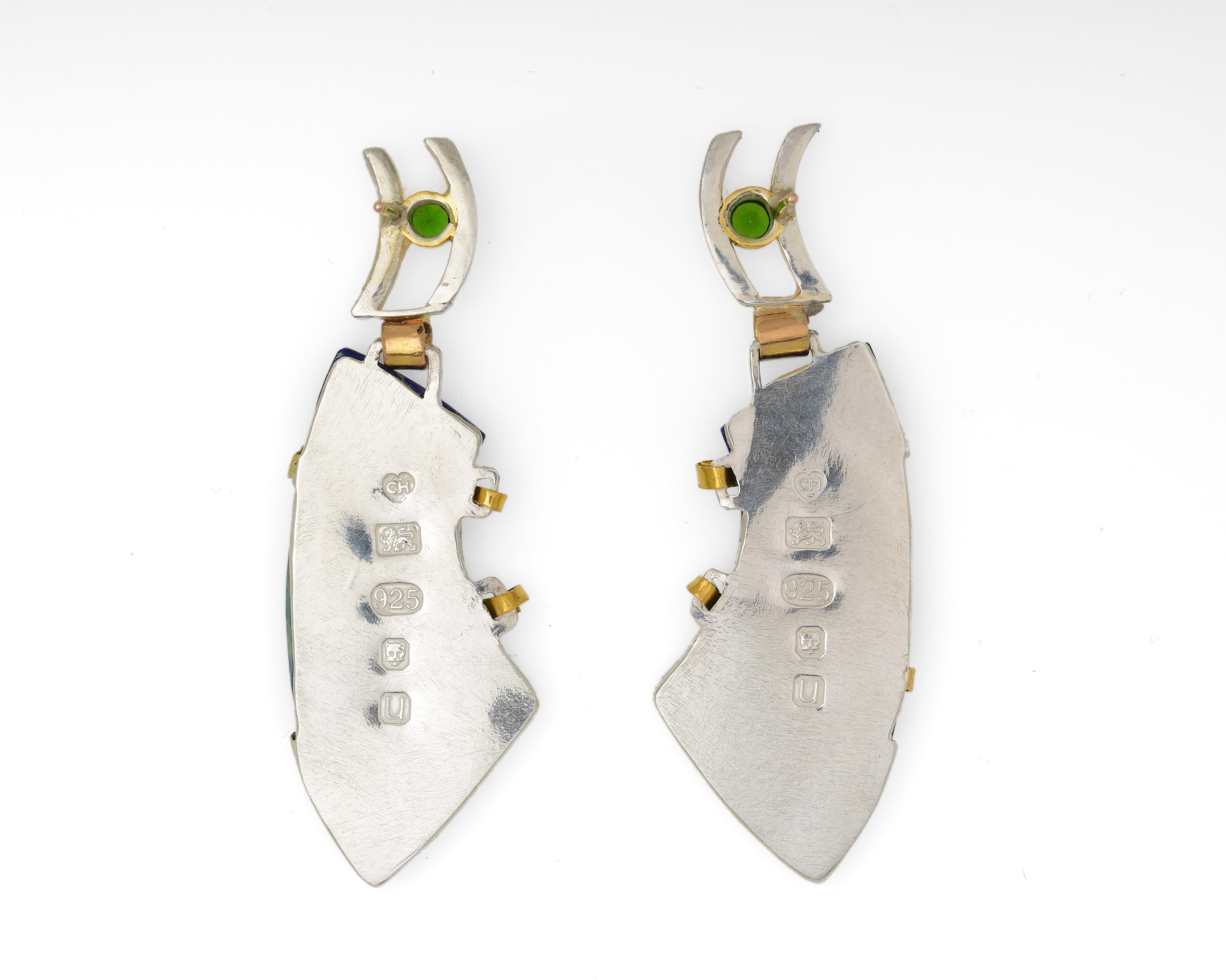 Artisan 22 Karat Gold and Silver Earrings with Azurite Malachite and Tsavorite Garnet