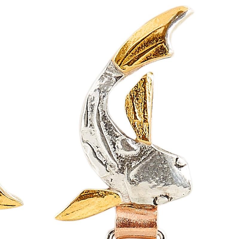 Contemporary Fish Earrings with Opalized Wood Stones, 22 and 18 Karat Yellow Gold and Silver