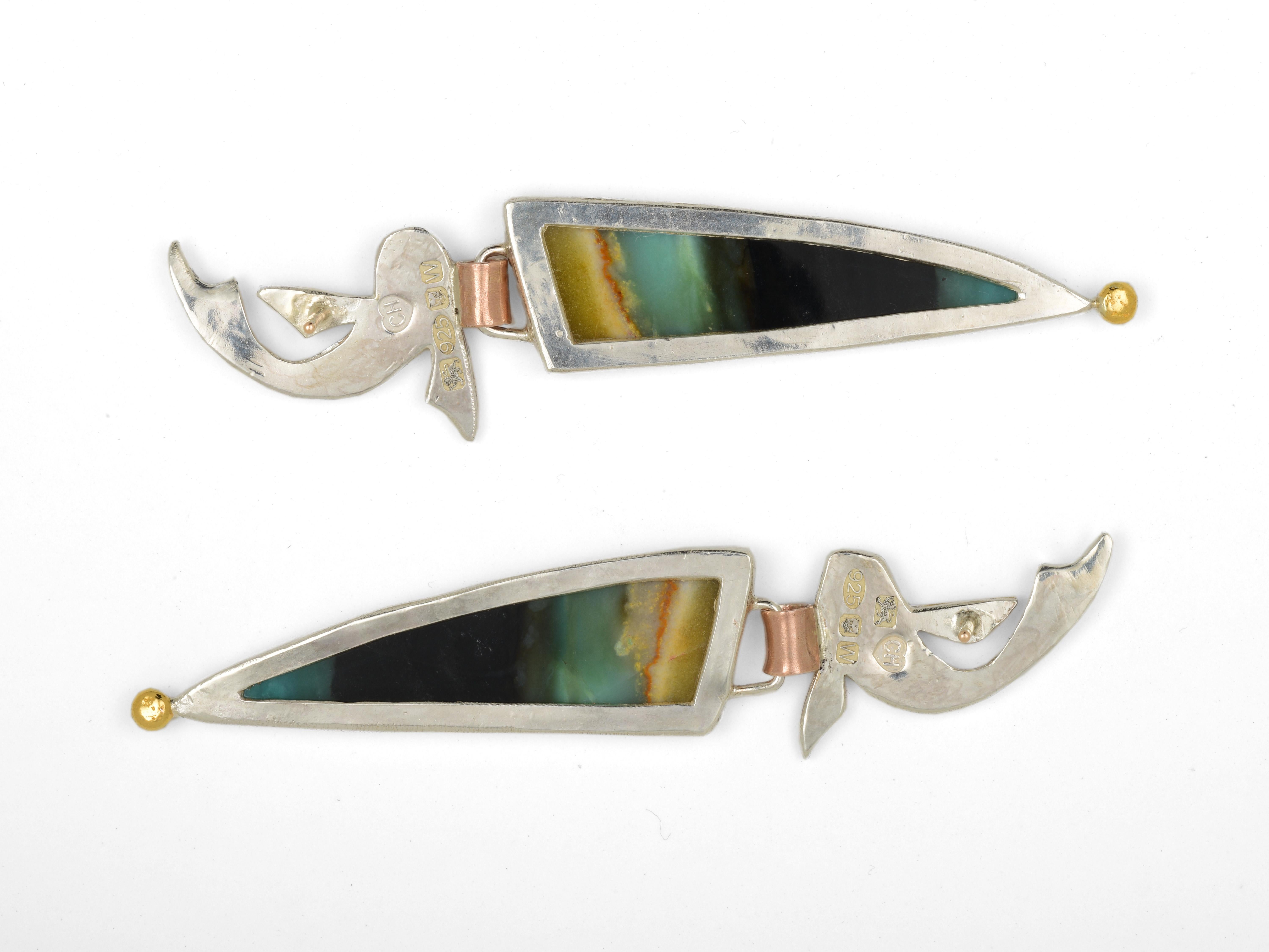 Mixed Cut Fish Earrings with Opalized Wood Stones, 22 and 18 Karat Yellow Gold and Silver