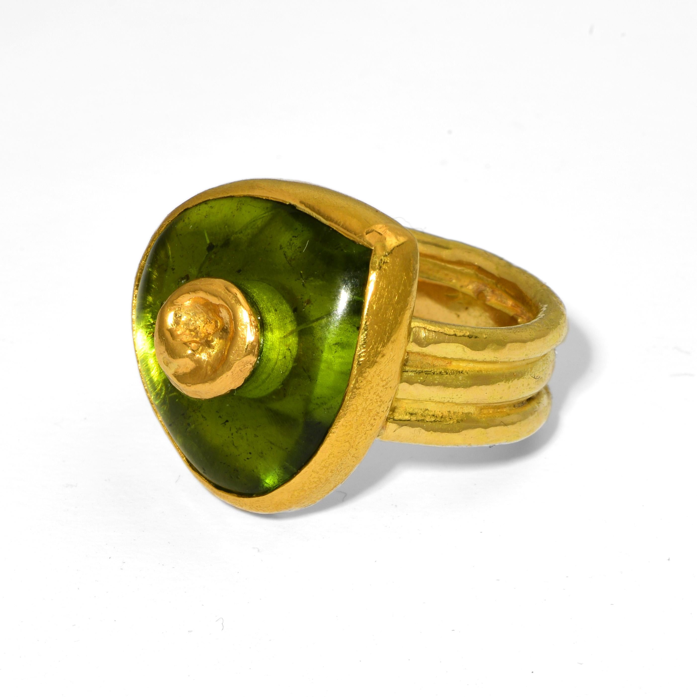 Artisan Peridot Ring with Solid 18 and 22 Karat Yellow Gold 