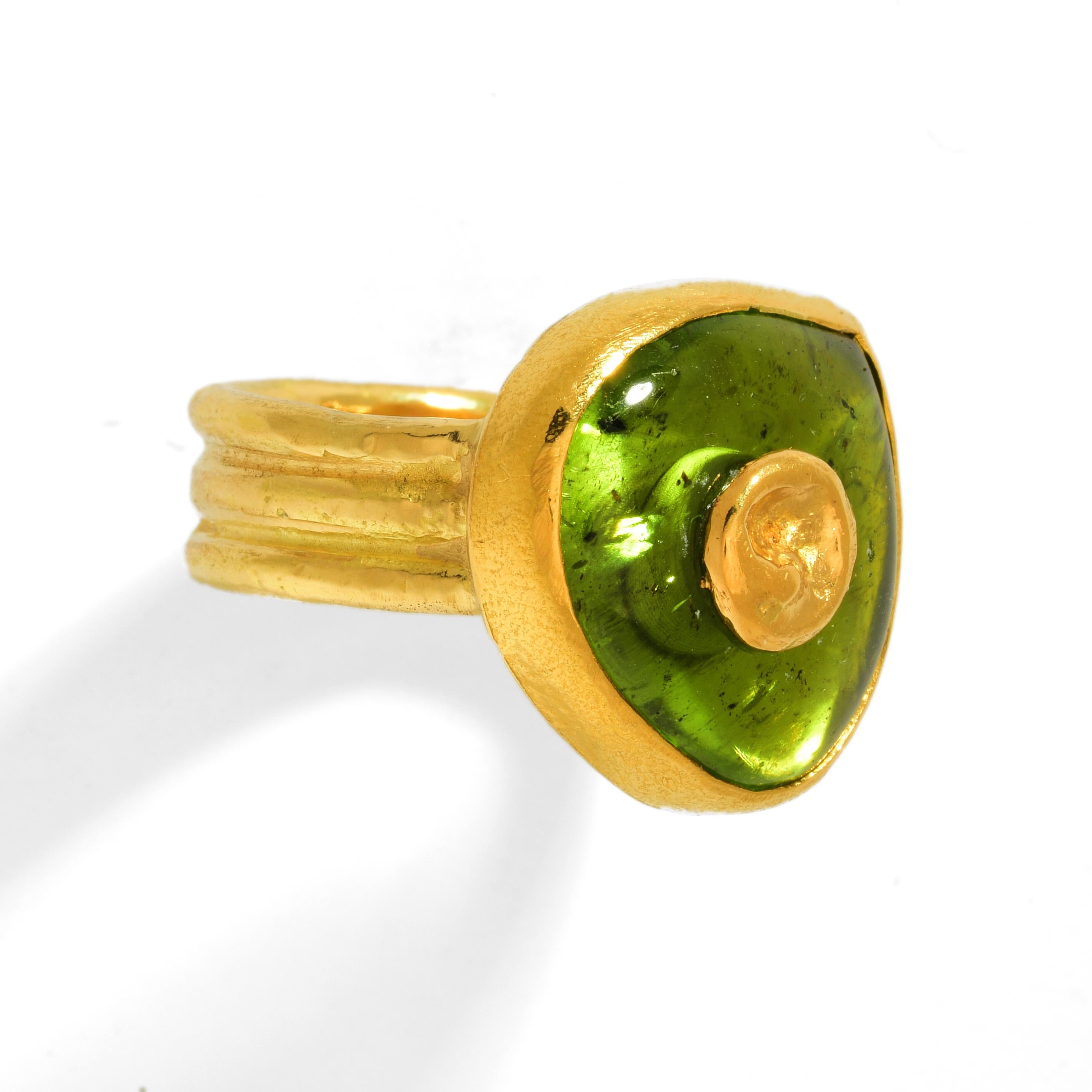 Cabochon Peridot Ring with Solid 18 and 22 Karat Yellow Gold 