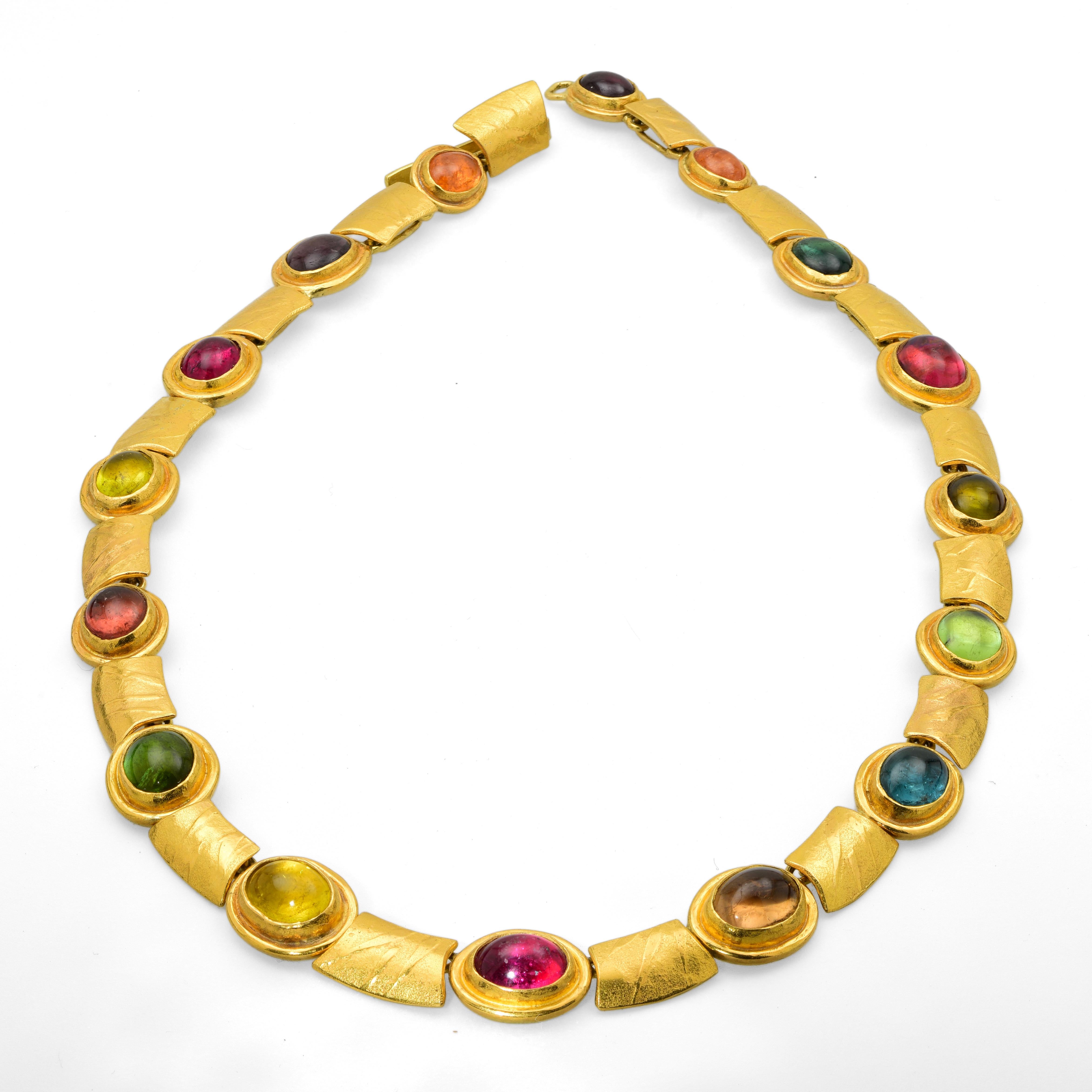 Artisan Solid 22 and 18 Karat Yellow Gold Necklace with Rainbow Tourmalines