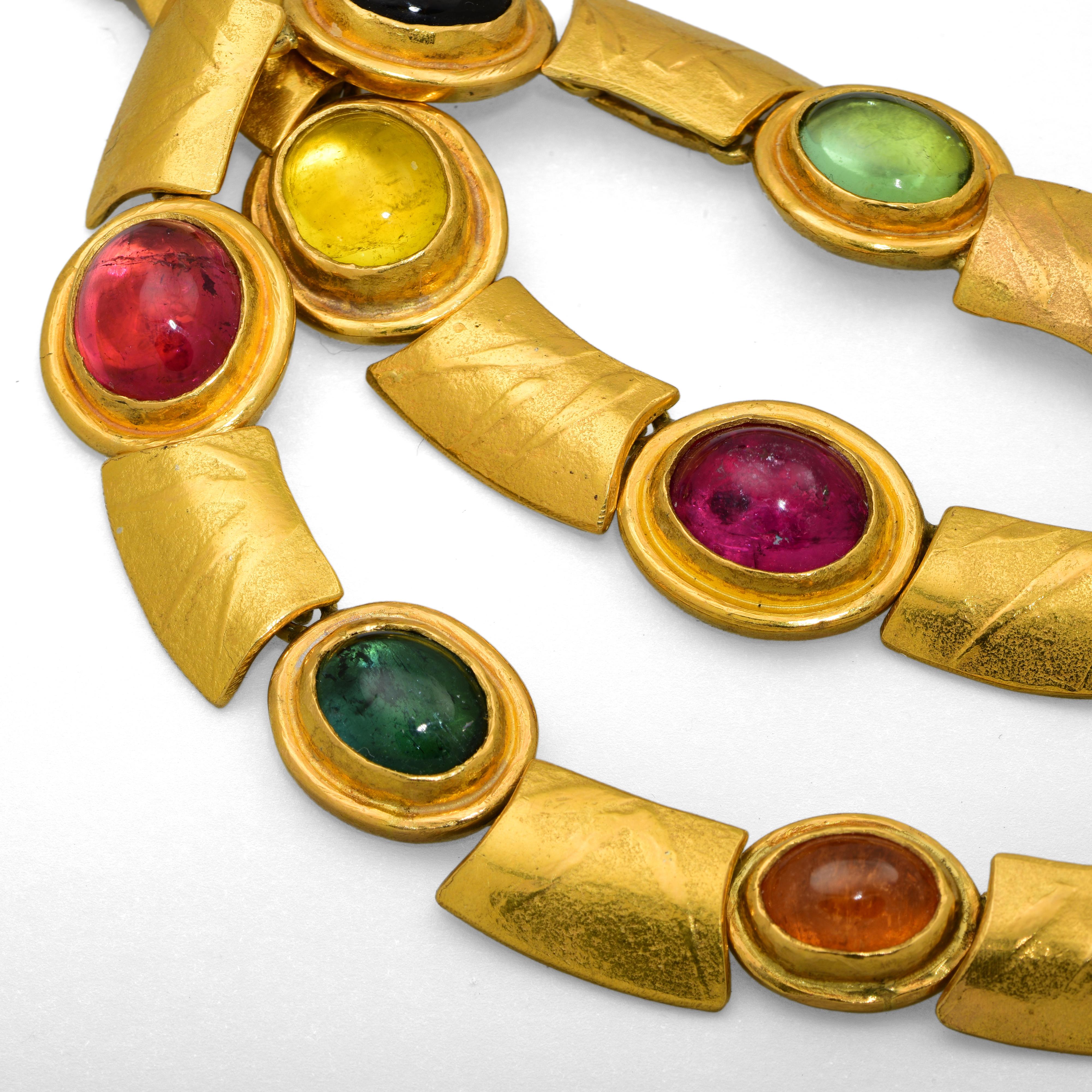Cabochon Solid 22 and 18 Karat Yellow Gold Necklace with Rainbow Tourmalines