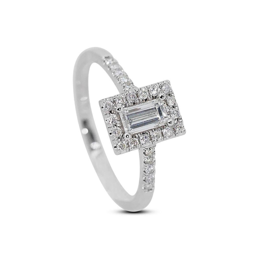 Emerald Cut Charming 1.26ct Emerald-Cut Diamond Halo Ring in 18k White Gold - GIA Certified For Sale