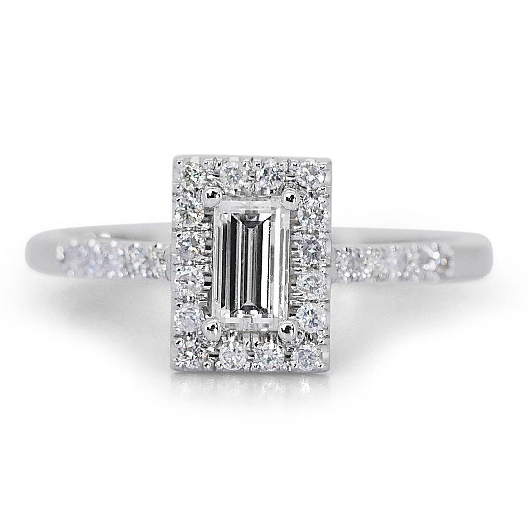 Charming 1.26ct Emerald-Cut Diamond Halo Ring in 18k White Gold - GIA Certified For Sale 3