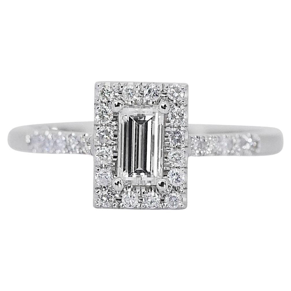 Charming 1.26ct Emerald-Cut Diamond Halo Ring in 18k White Gold - GIA Certified For Sale