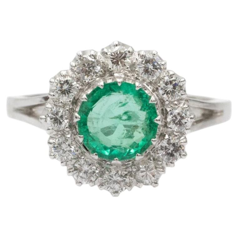 Charming 14k White Gold Ring with Emerald and Diamonds, Austria 2000s.