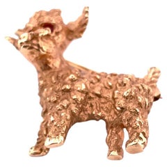 Charming 14k Yellow Gold Poodle Dog Brooch with Ruby Eyes
