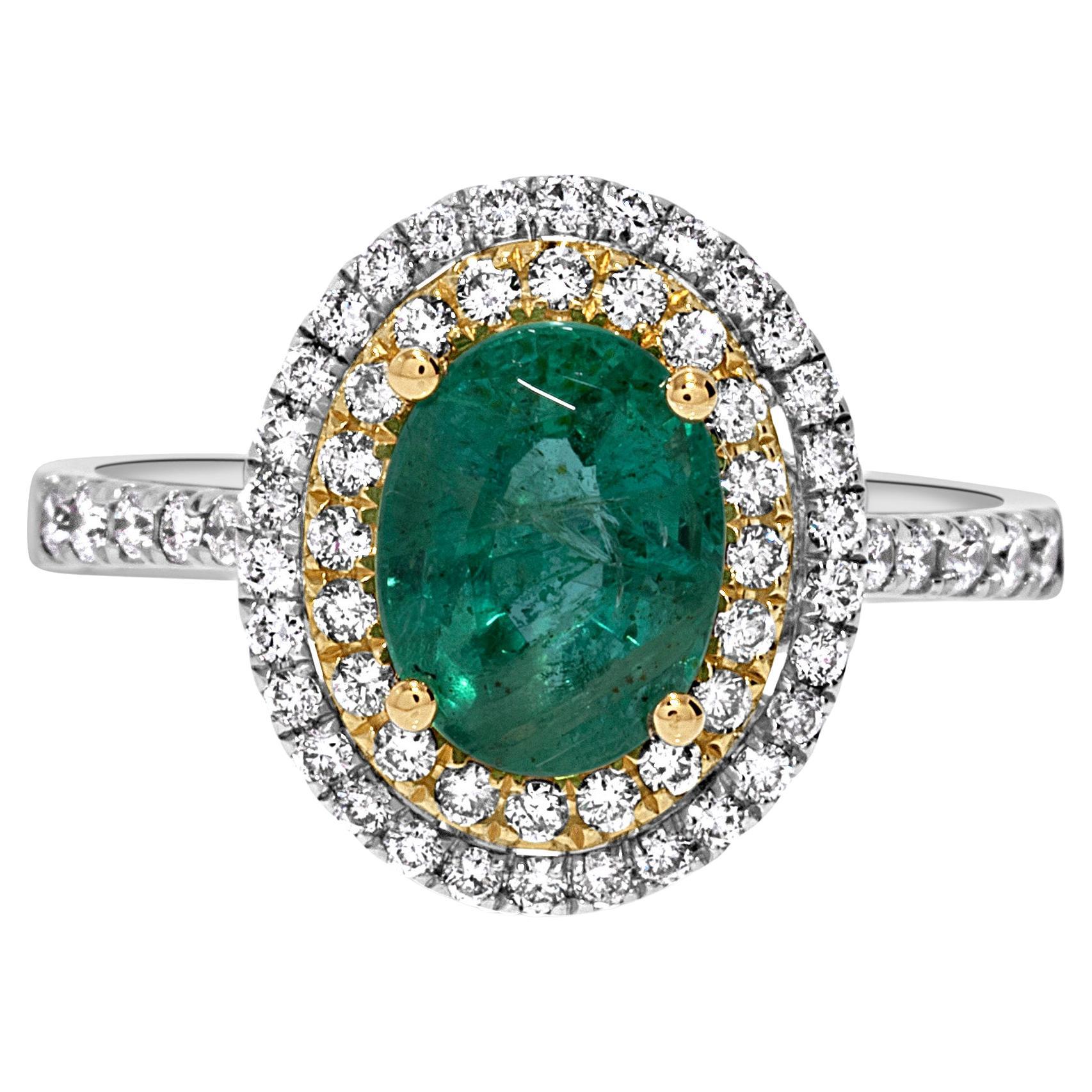 Charming 1.62 Carat Green Oval Emerald & Diamond Ring in 18k White/Yellow Gold