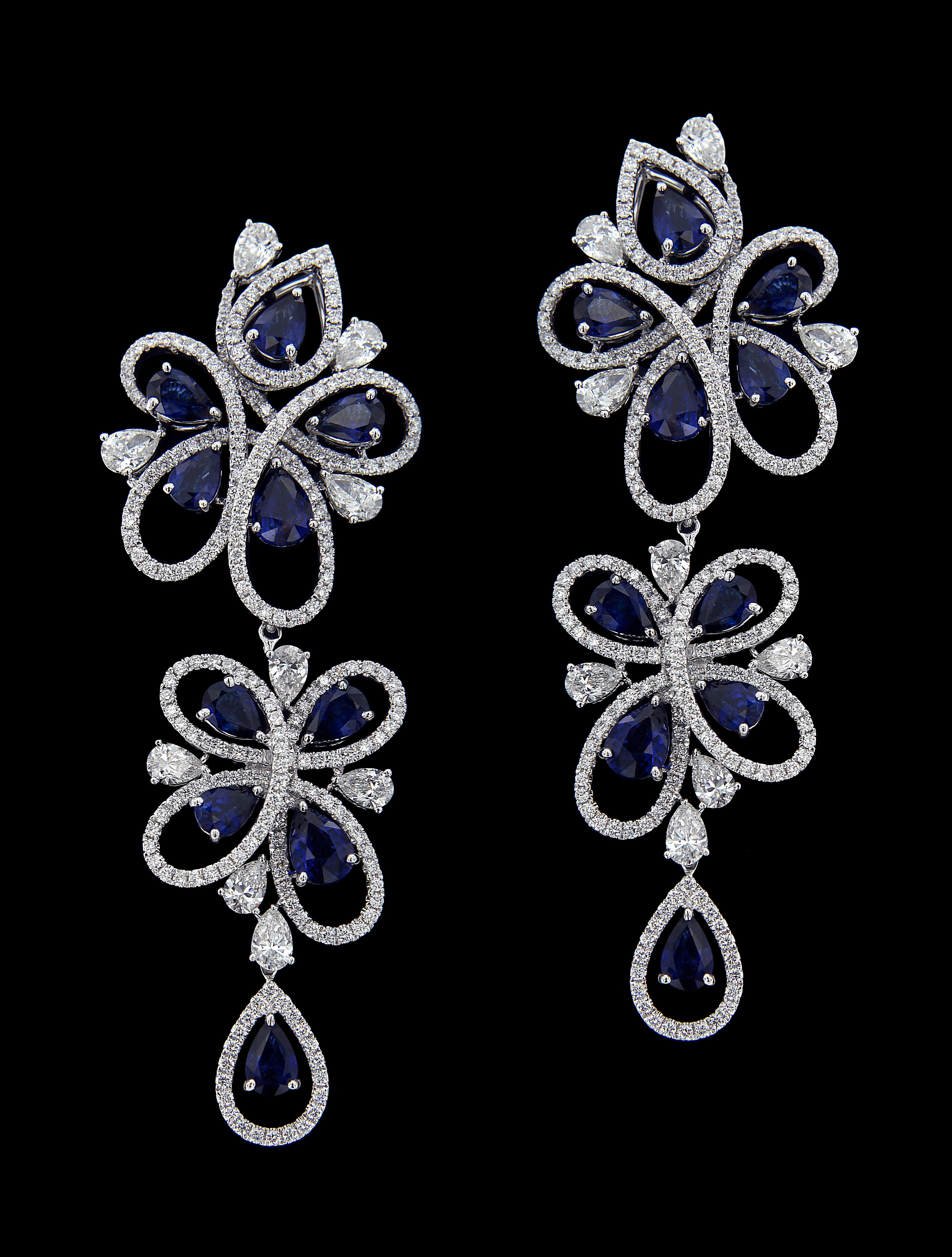 Pear Cut Charming 18 Karat White Gold, Diamond and Sapphire Earrings For Sale