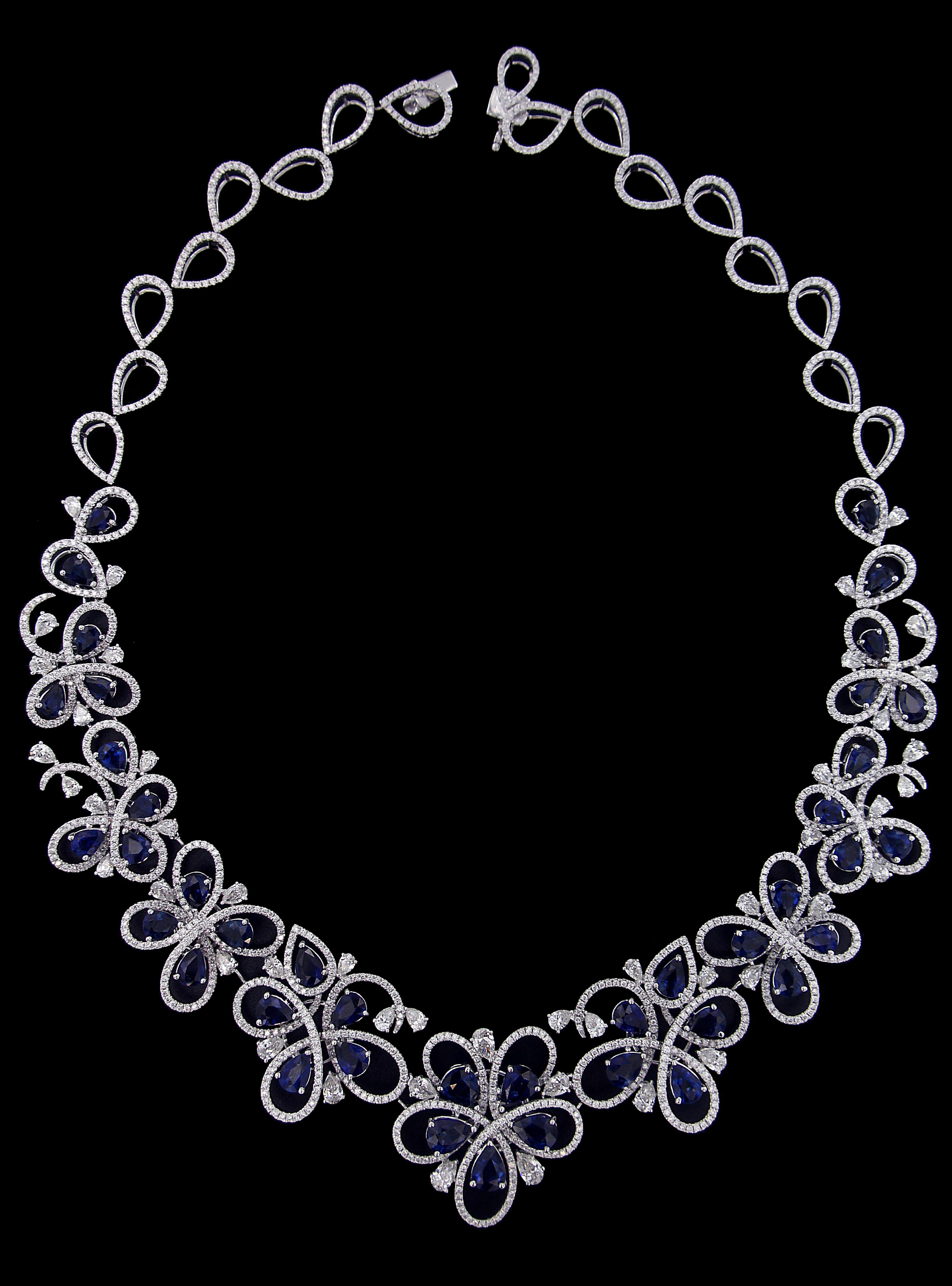 Pear Cut Charming 18 Karat White Gold, Diamond and Sapphire Necklace For Sale