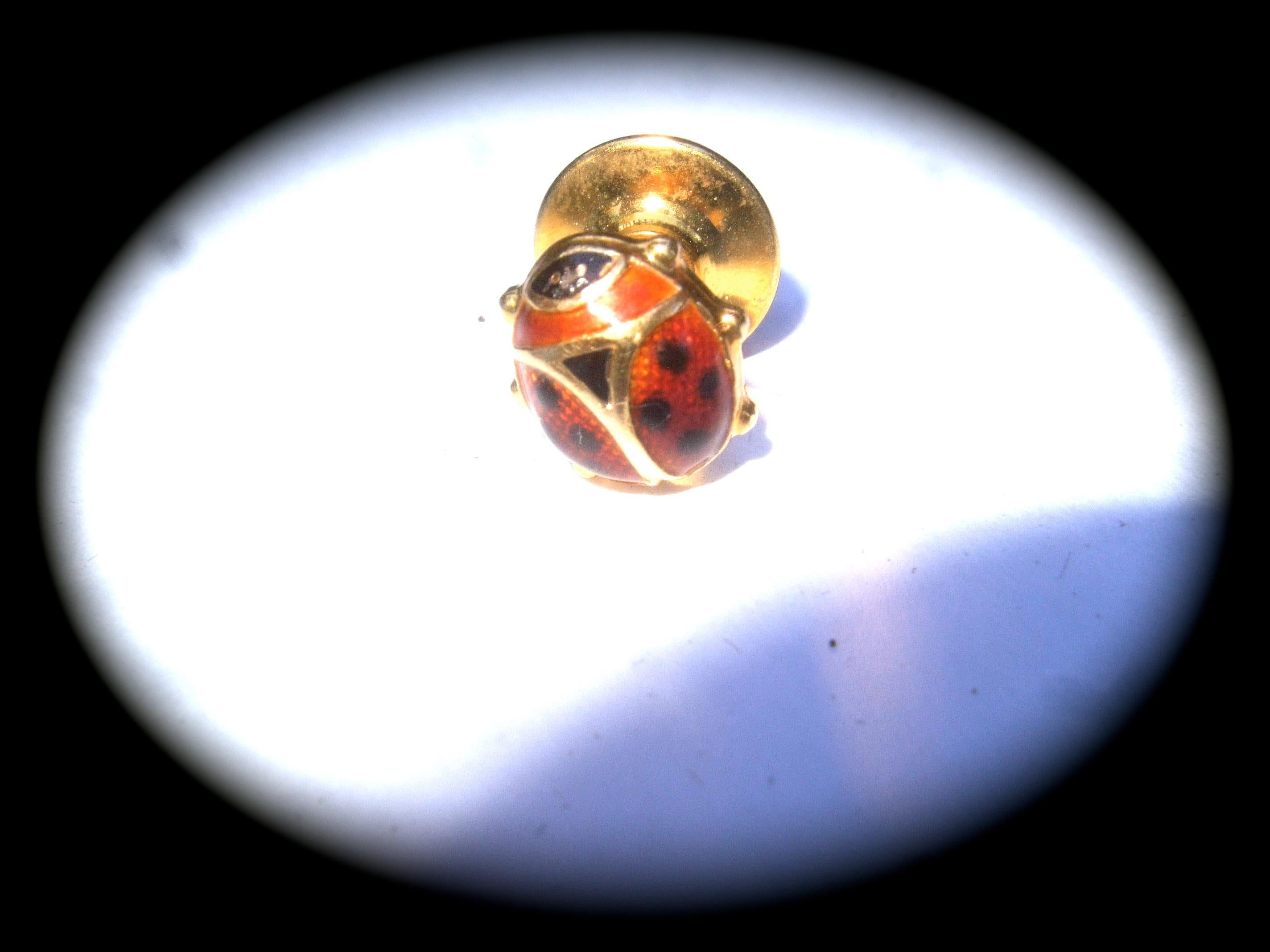 Charming 18k Gold Tiny Italian Enamel Ladybug Tie Tack or Lapel Pin c 1980s 1