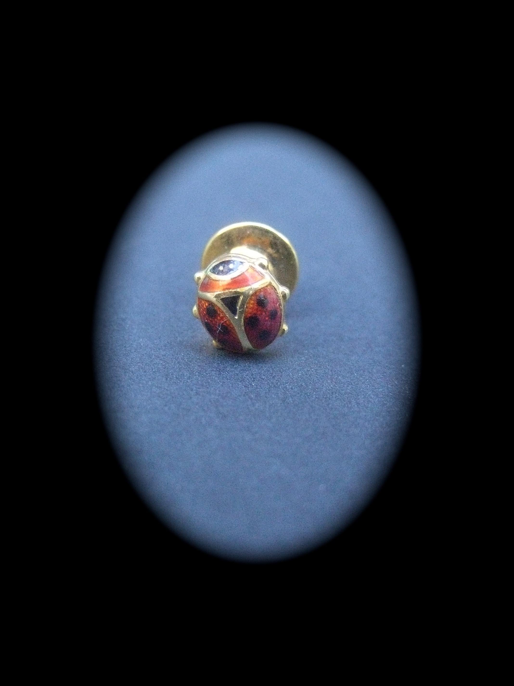 Charming 18k Gold Tiny Italian Enamel Ladybug Tie Tack or Lapel Pin c 1980s 2