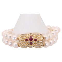 Charming 18k Yellow Gold Bracelet w/ 1.78 Ct Natural Rubies, Pearls and Diamond