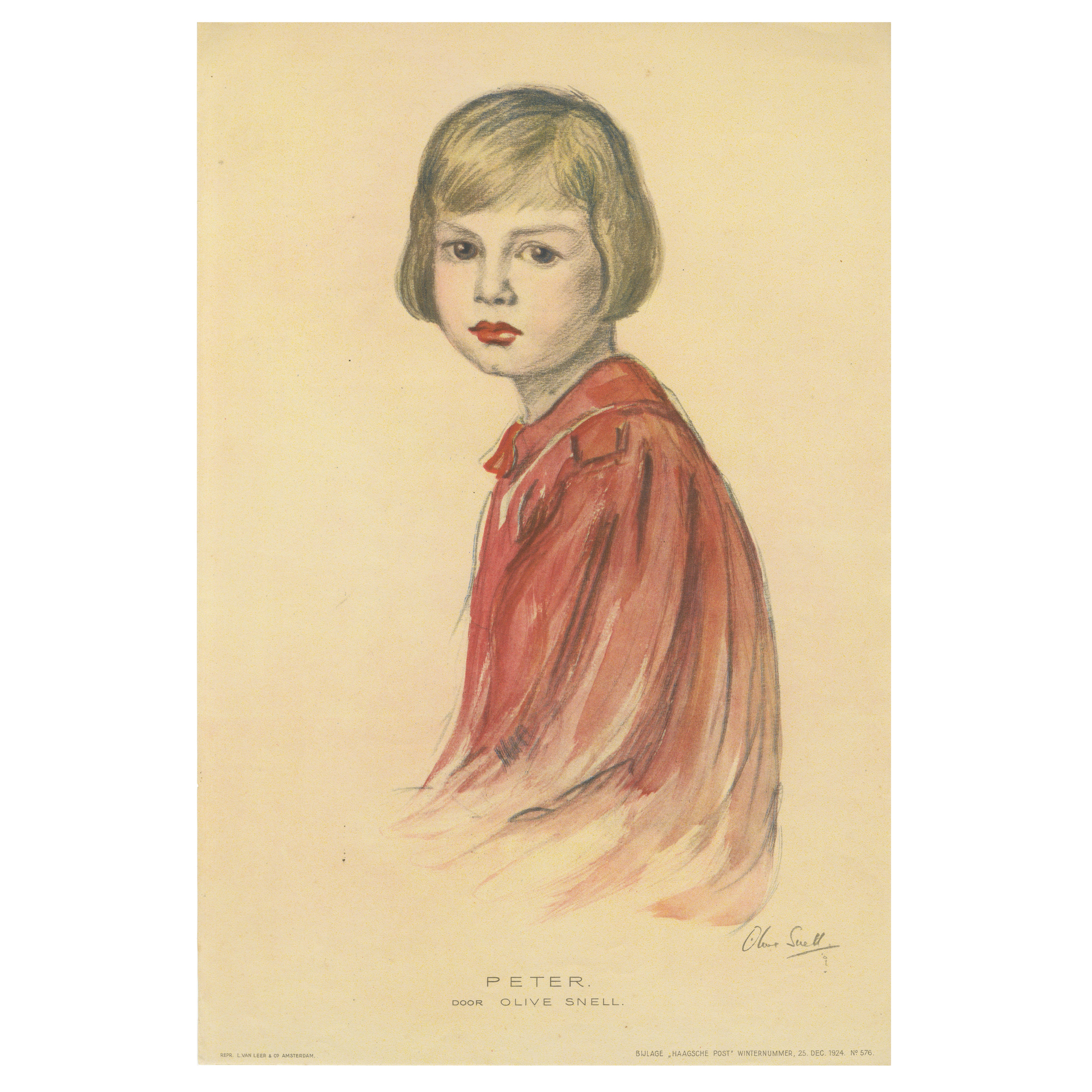 Charmantes Kinderporträt "Peter" von Olive Snell aus den 1920er Jahren - Niederländische Lithographie