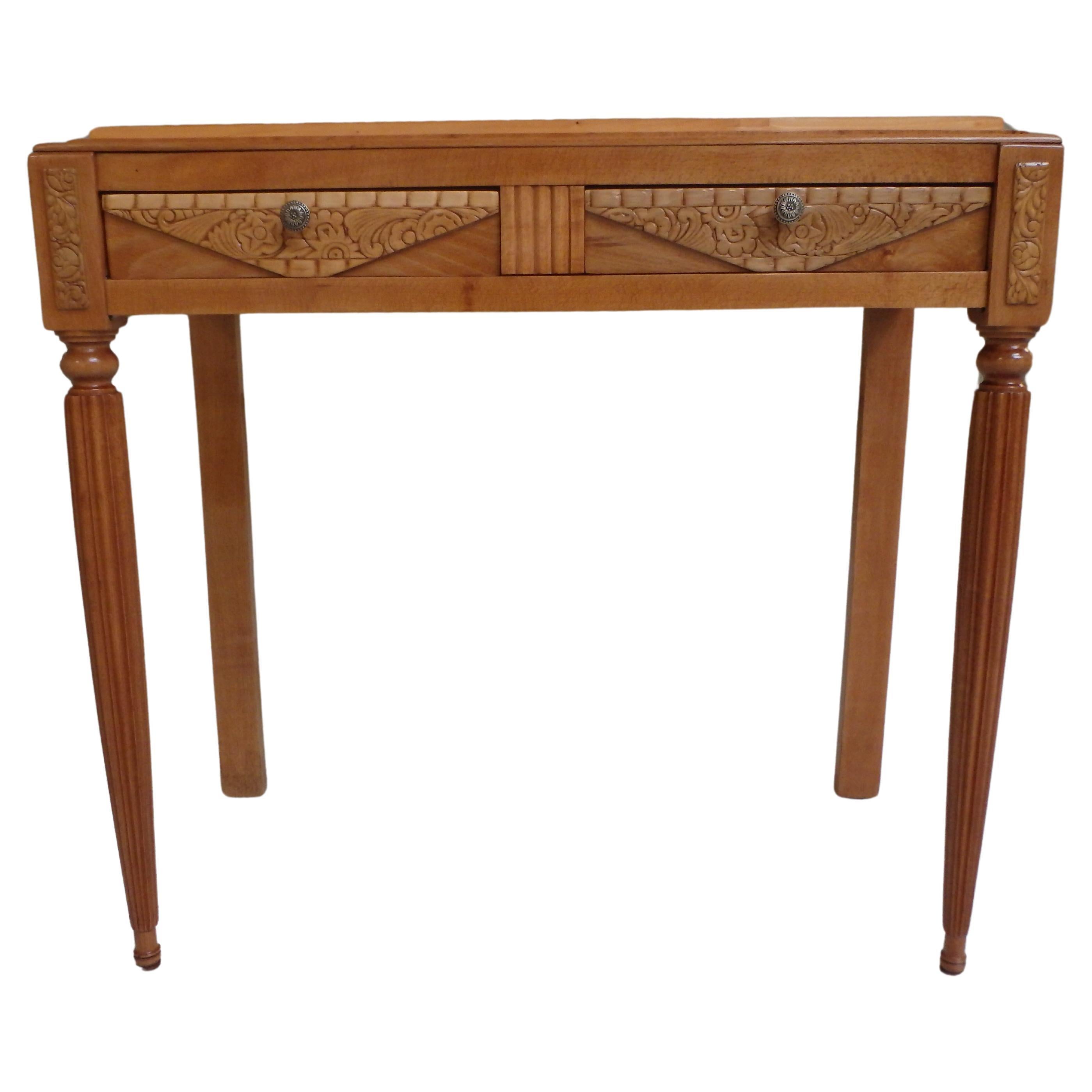 charming 1920thies writing desk or console birch and walnut with carved flowers For Sale