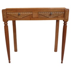 Used charming 1920thies writing desk or console birch and walnut with carved flowers