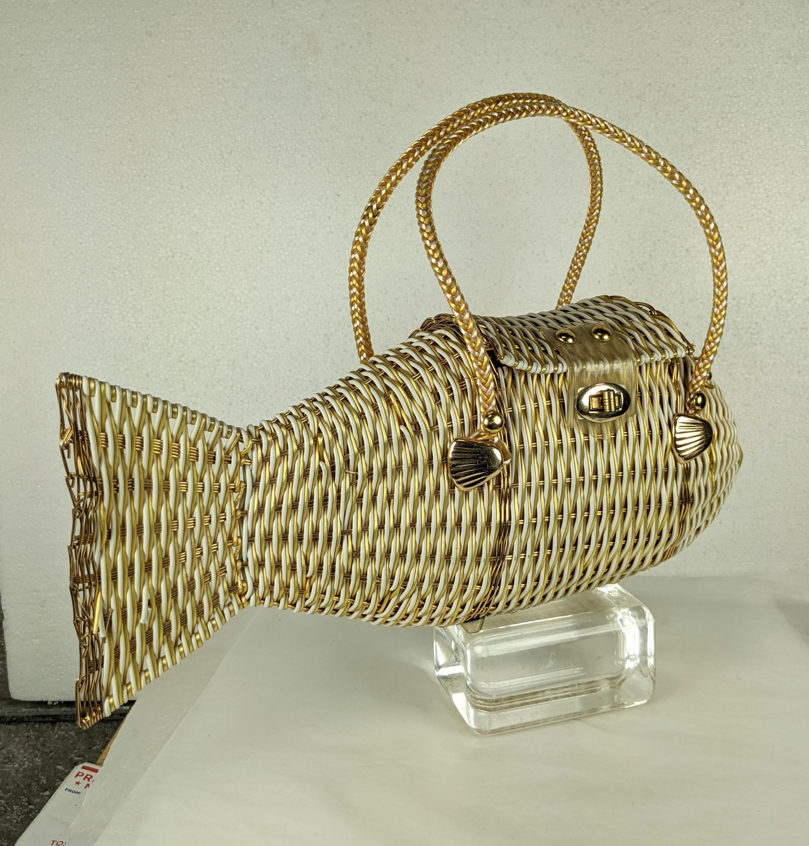 Beige Charming 1960's Woven Figural Fish Bag For Sale