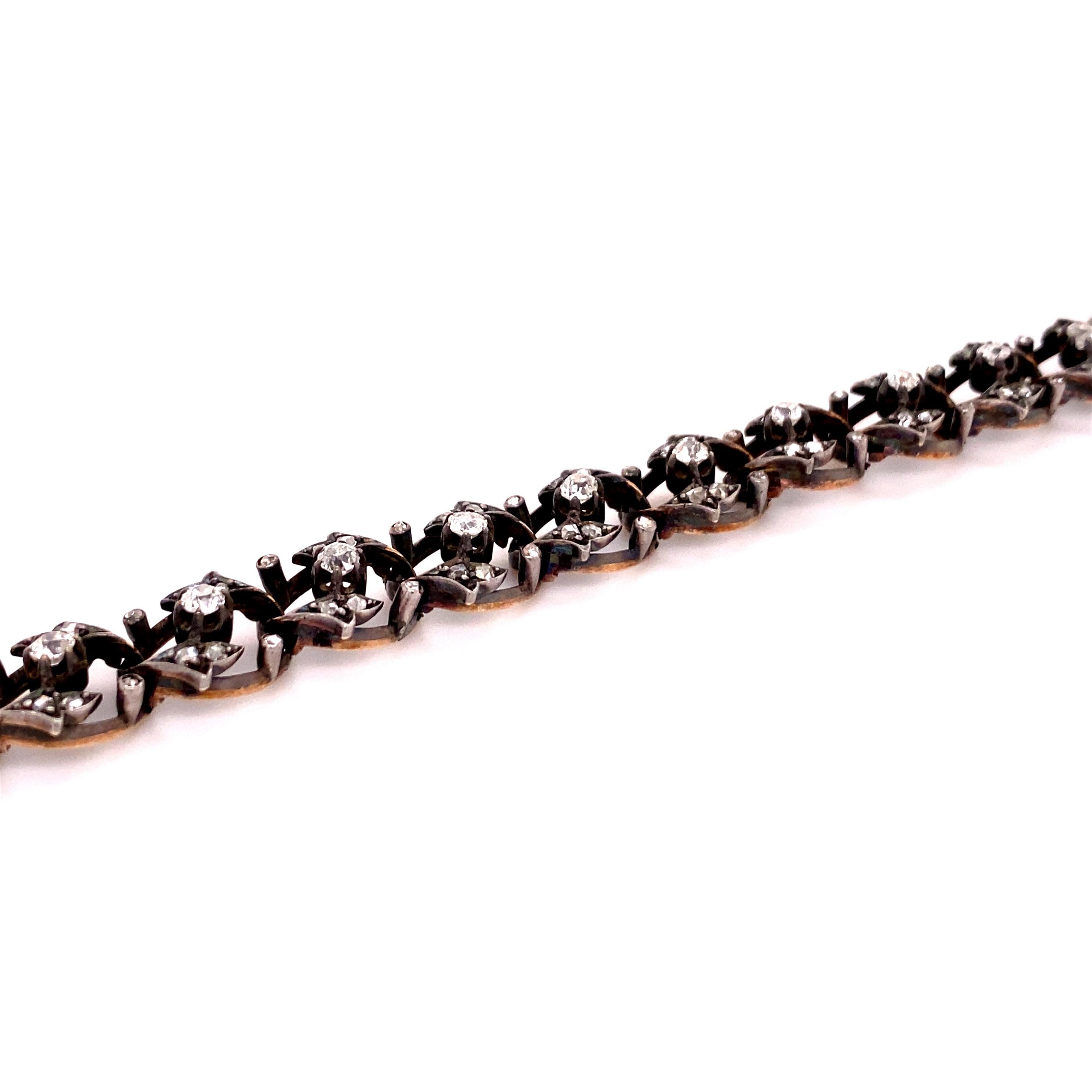Charming 19th Century Diamond Bracelet in Silver and 14 Karat Gold In Good Condition In Lucerne, CH