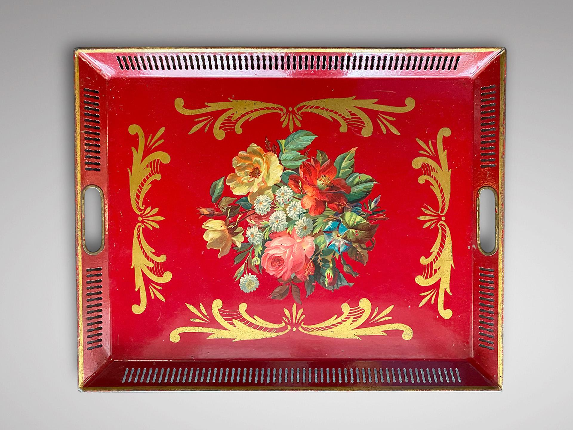 Charming 19th century Napoleon III painted metal tray. Tray in open Tôle. Floral pattern. In excellent condition. Free delivery to the United Kingdom and the Rest of the World.

The dimensions are:
Height: 3cm (1.2in)
Width: 50cm (19.7in)
Depth: