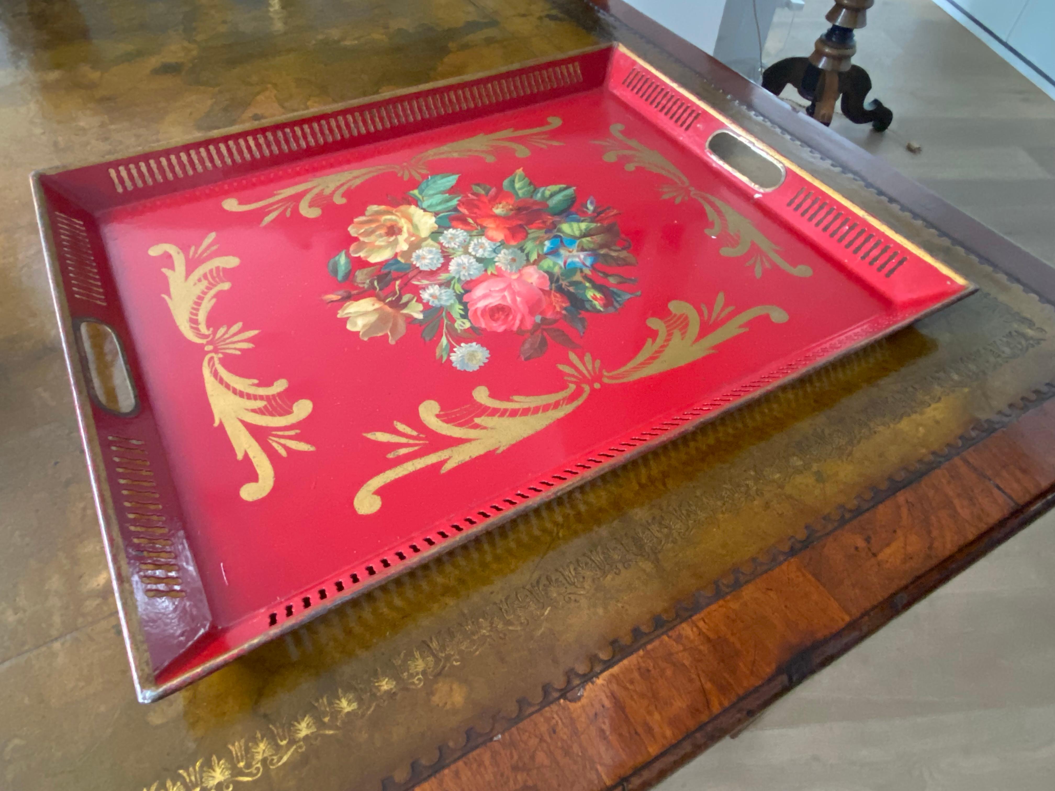 Hand-Crafted Charming 19th Century French Napoleon III Red Painted Tole Tray