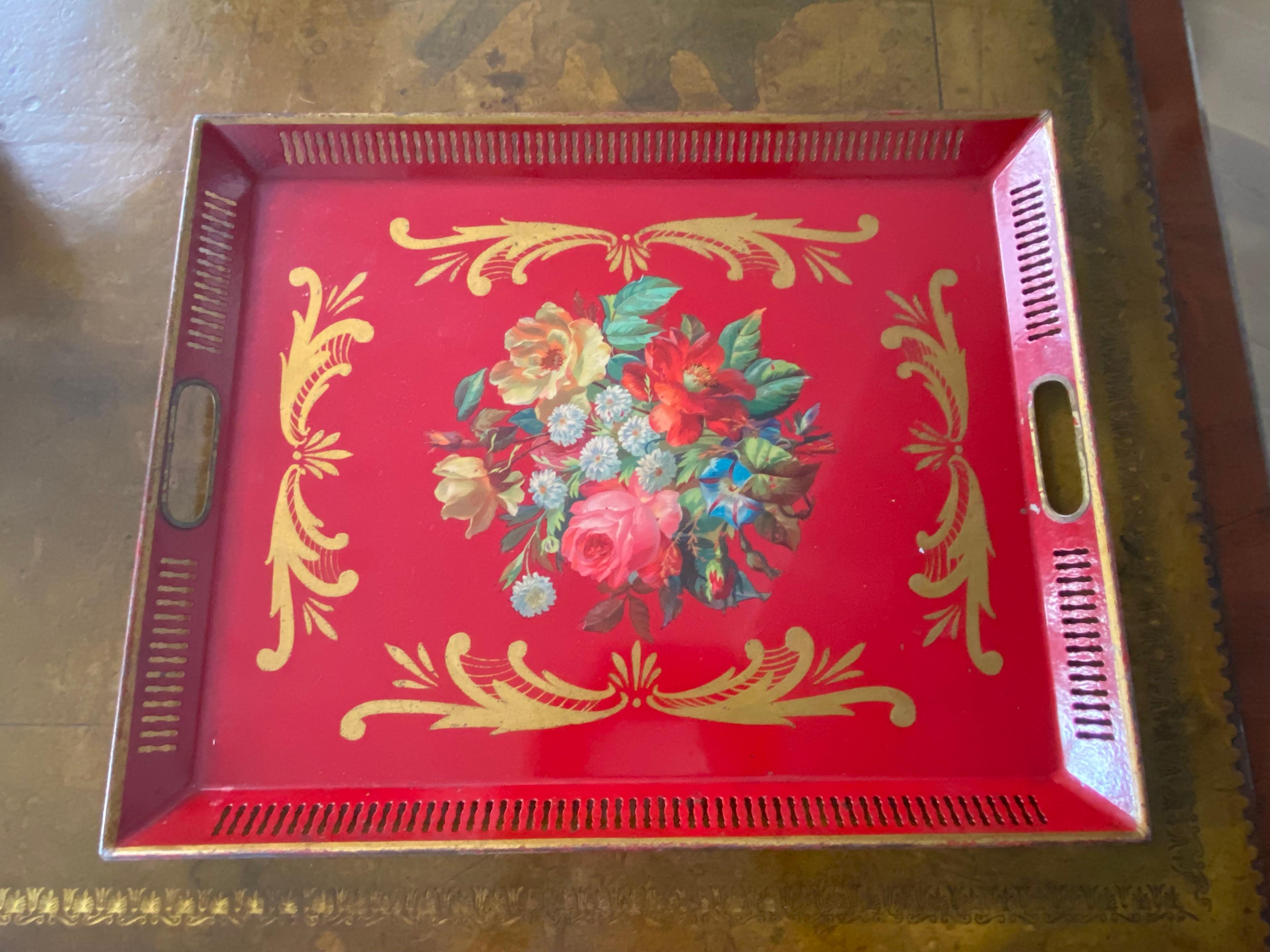 Metal Charming 19th Century French Napoleon III Red Painted Tole Tray