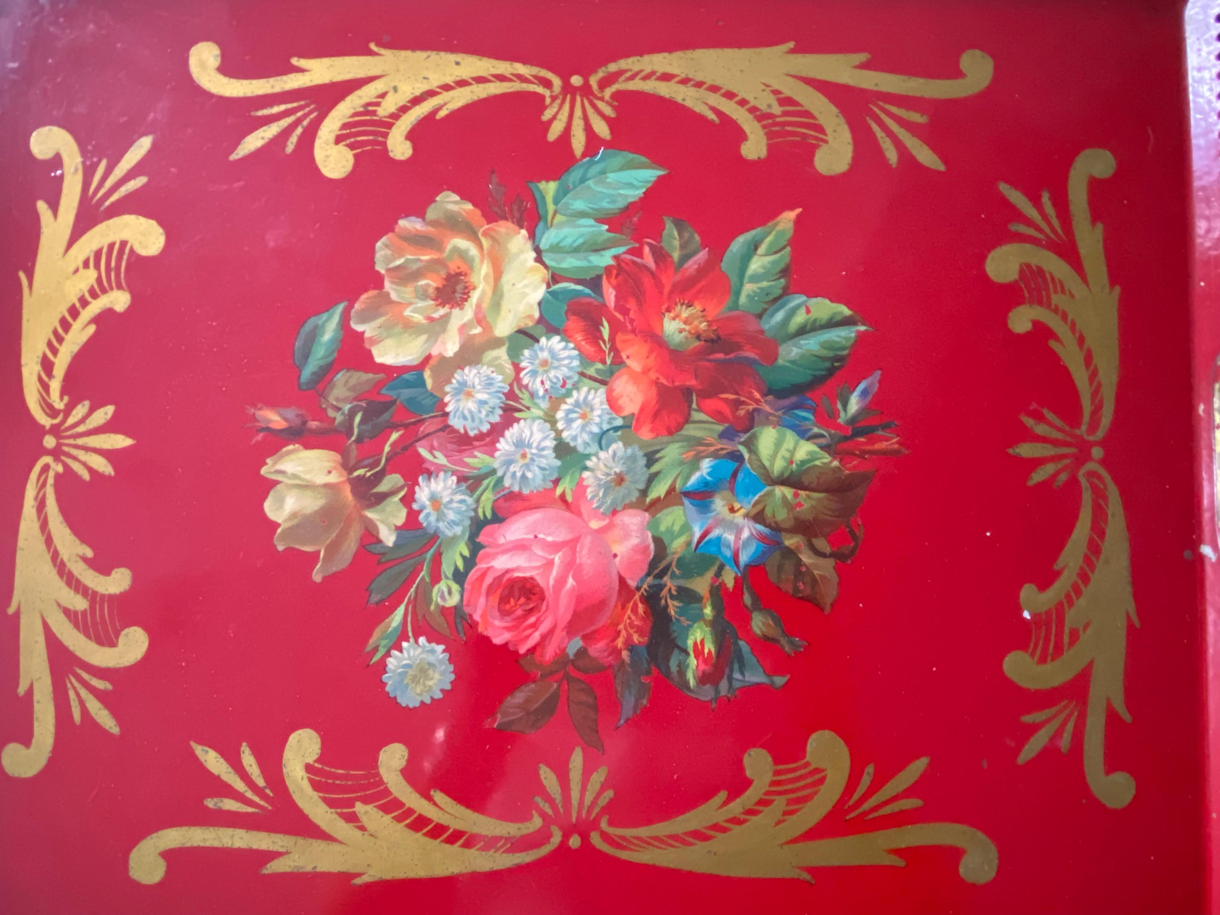 Charming 19th Century French Napoleon III Red Painted Tole Tray 1