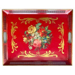 Antique Charming 19th Century French Napoleon III Red Painted Tole Tray