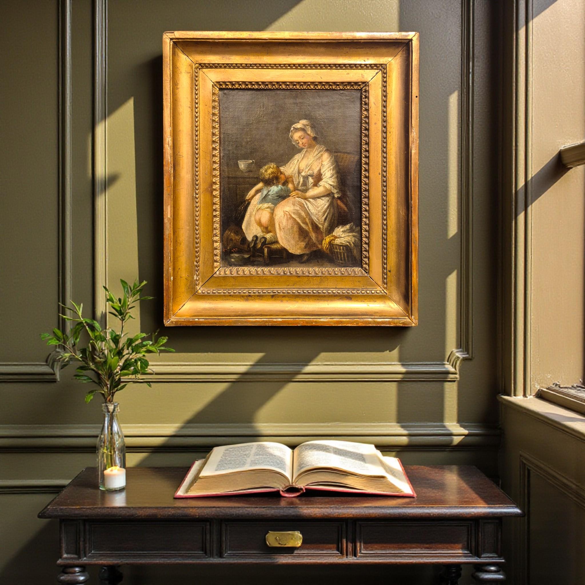 Charmante scène de genre du XIXe siècle d'après Greuze - Mère et enfant

Cette peinture raffinée d'après Jean-Baptiste Greuze capture un moment étonnamment tendre entre une mère et son jeune fils. Bien que la scène évoque une punition imminente - un