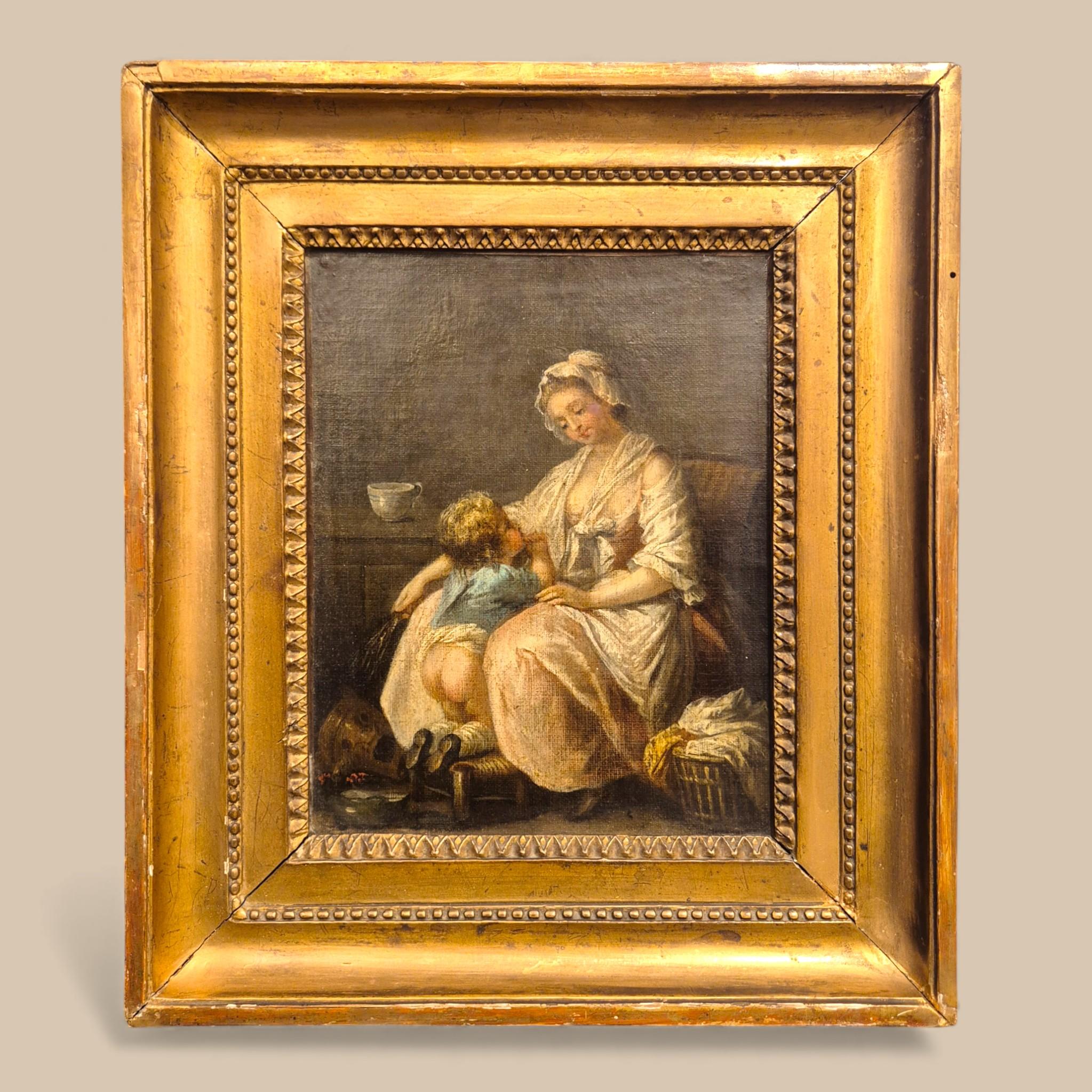 Français Charmante scène de genre du XIXe siècle d'après Greuze - Mère et enfant en vente