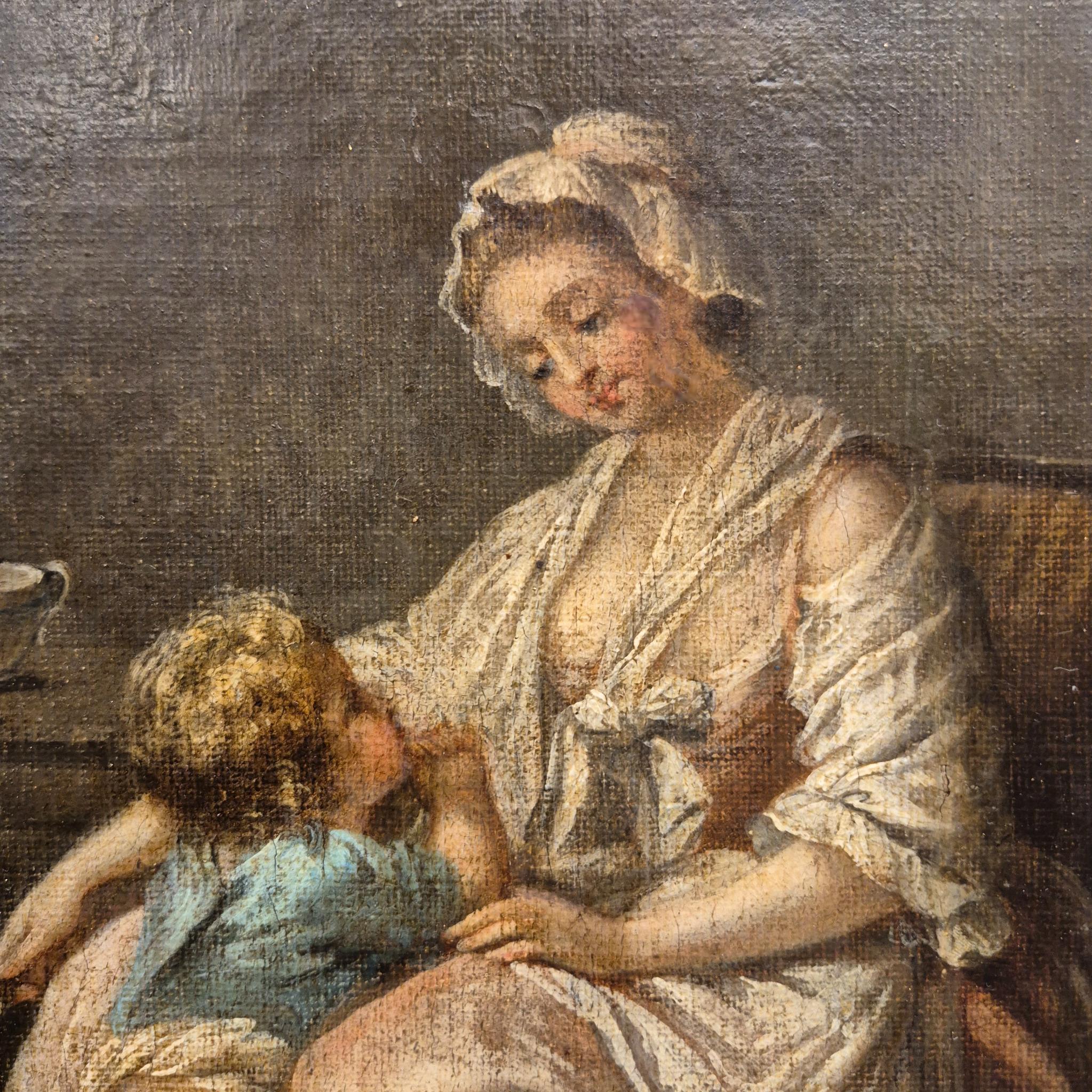 Toile Charmante scène de genre du XIXe siècle d'après Greuze - Mère et enfant en vente