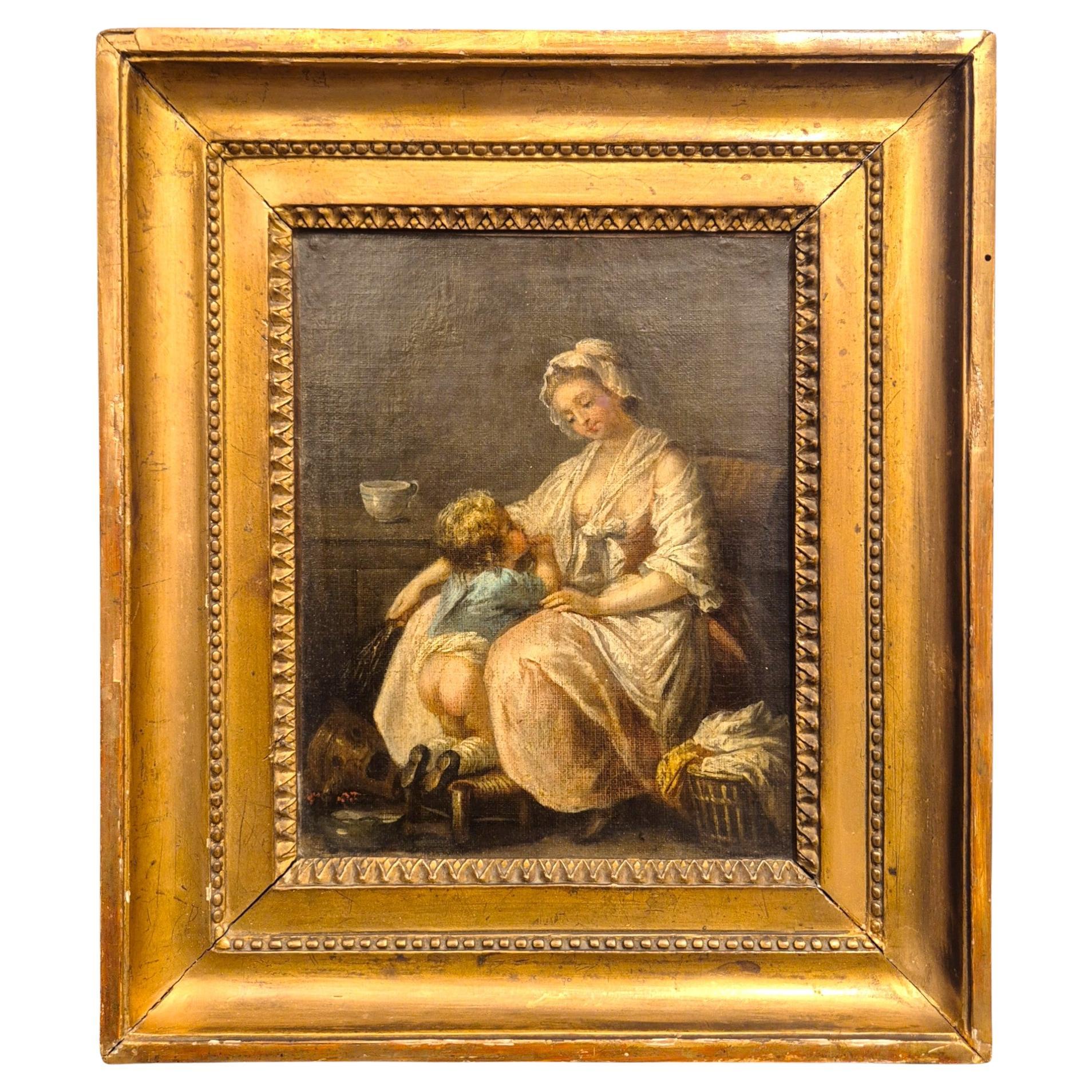 Charmante scène de genre du XIXe siècle d'après Greuze - Mère et enfant en vente