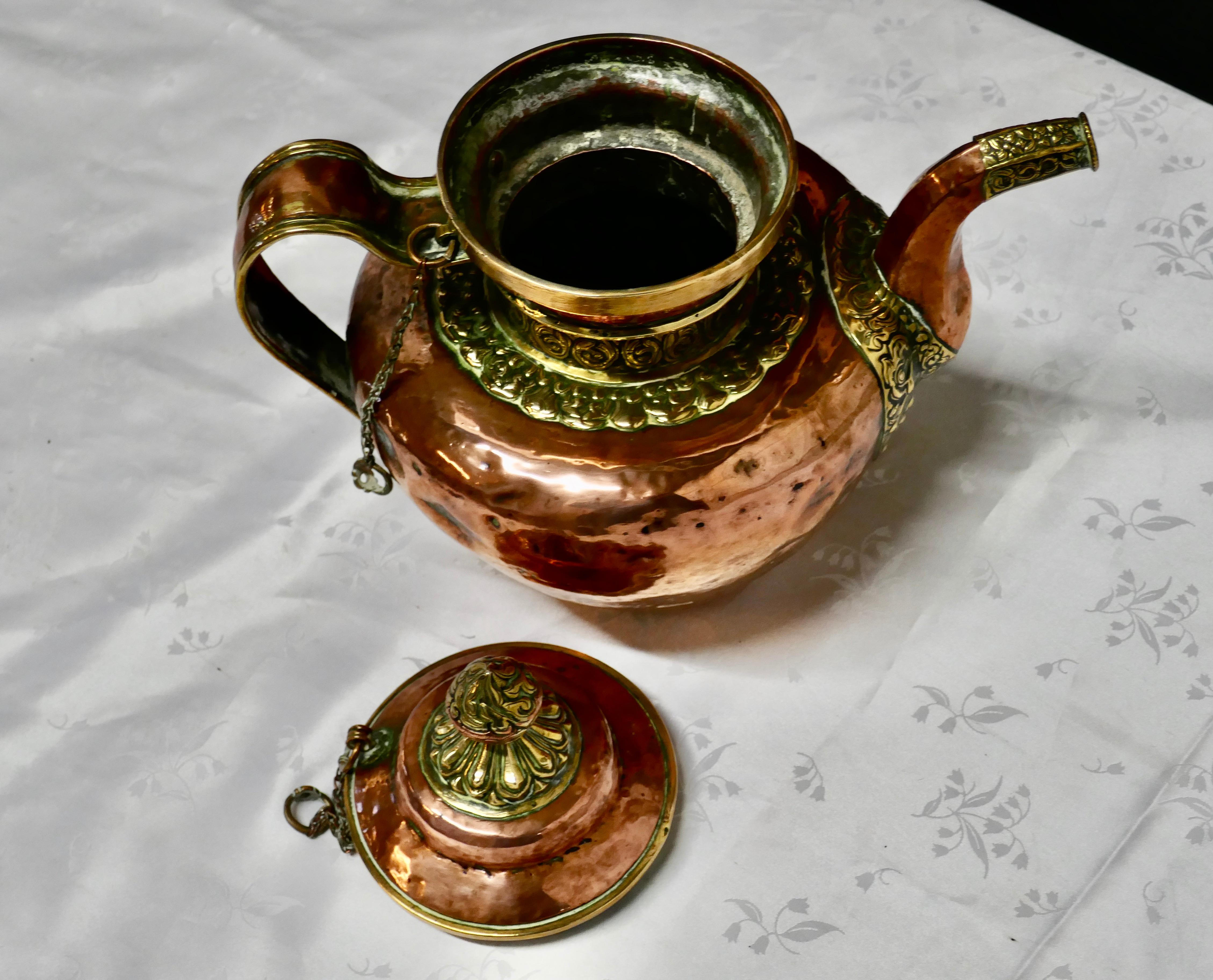 Charming 19th Century Indian Beaten Copper and Chased Brass Tea Pot 1