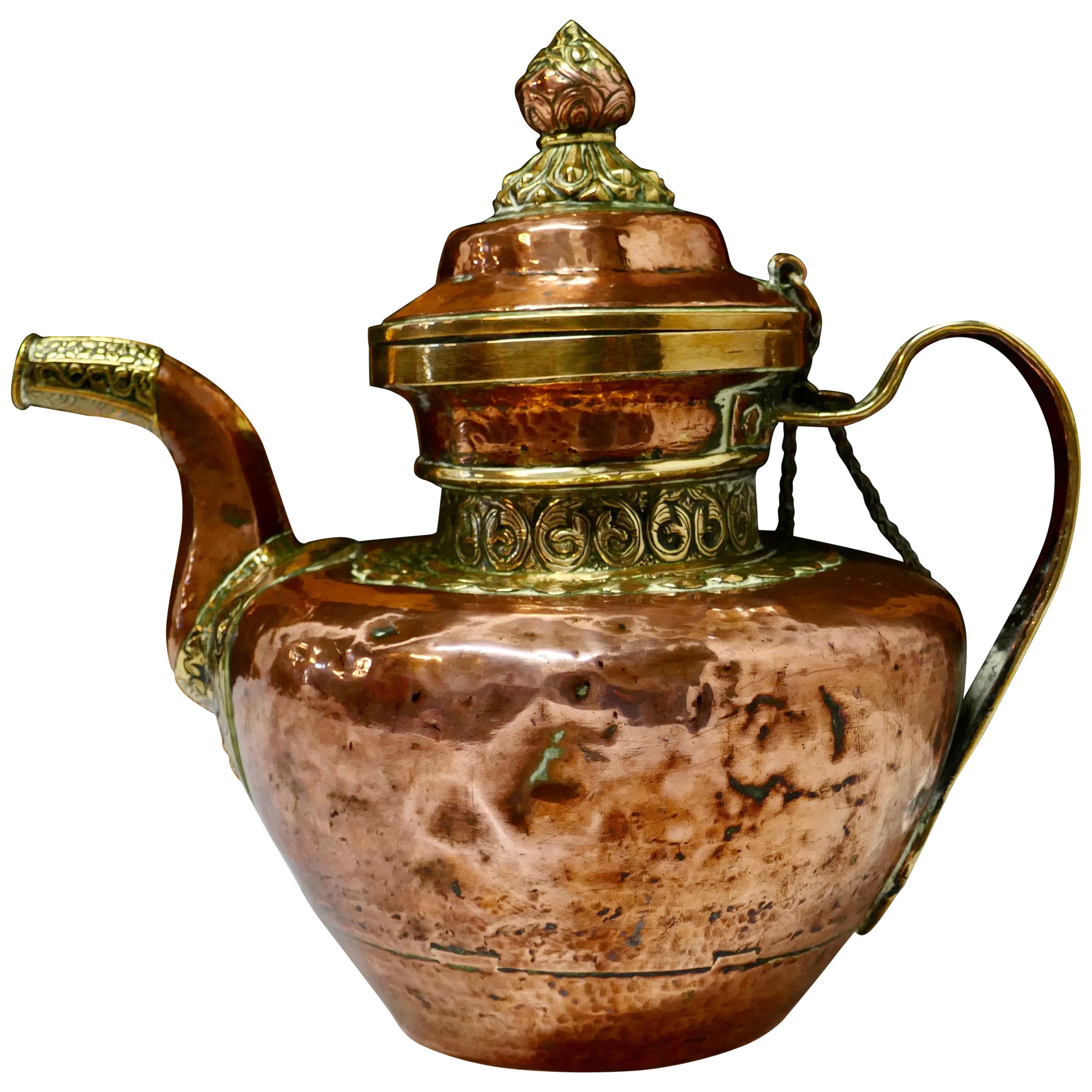 Charming 19th Century Indian Beaten Copper and Chased Brass Tea Pot