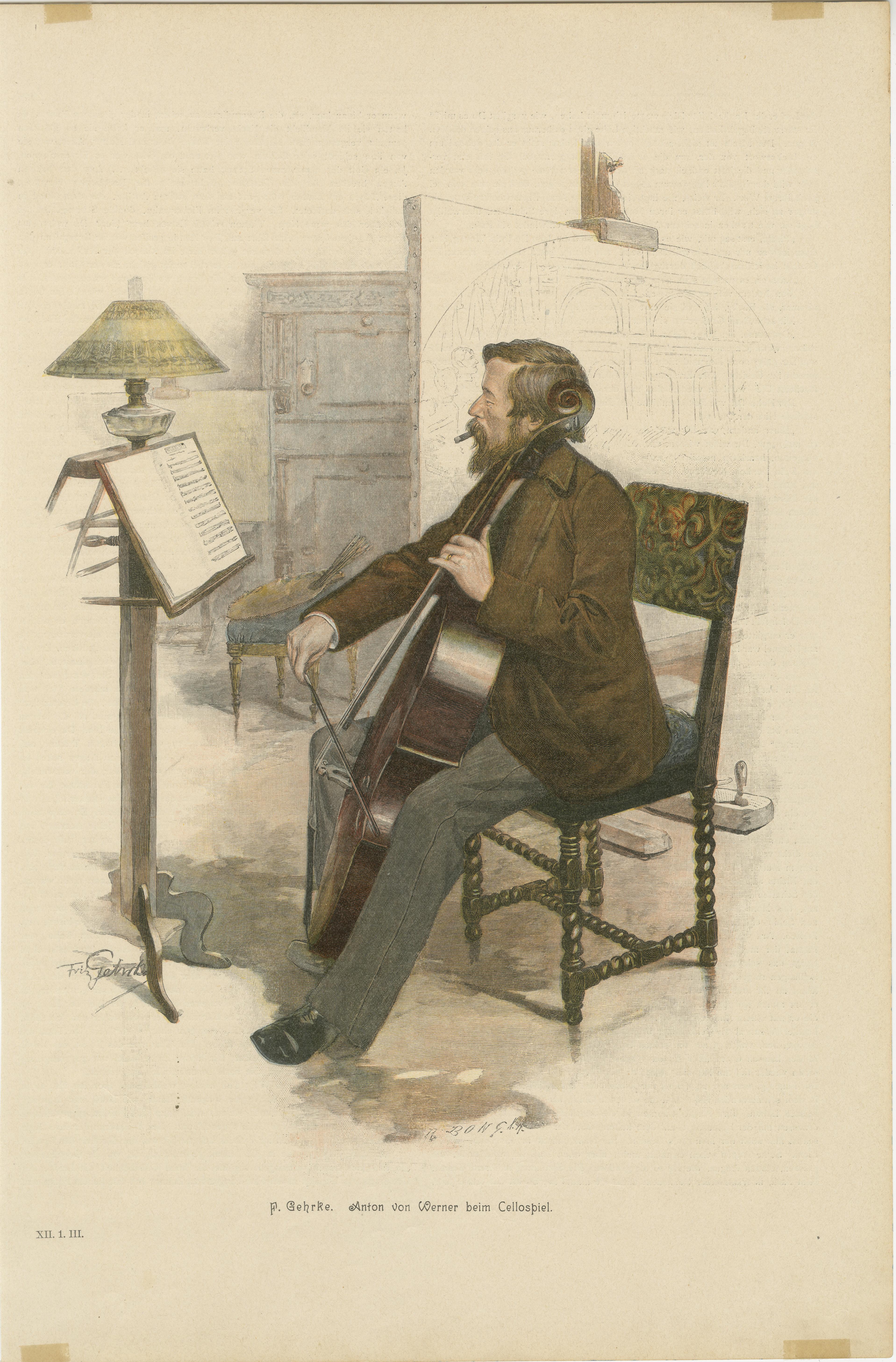 Charmante lithographie du XIXe siècle - Anton von Werner jouant du Cello, c. 1890

Description :
Cette lithographie en couleur finement exécutée, intitulée 