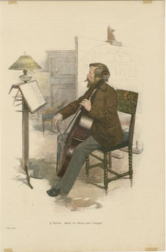 Charming 19th-Century Lithograph – Anton von Werner Playing the Cello, c. 1890