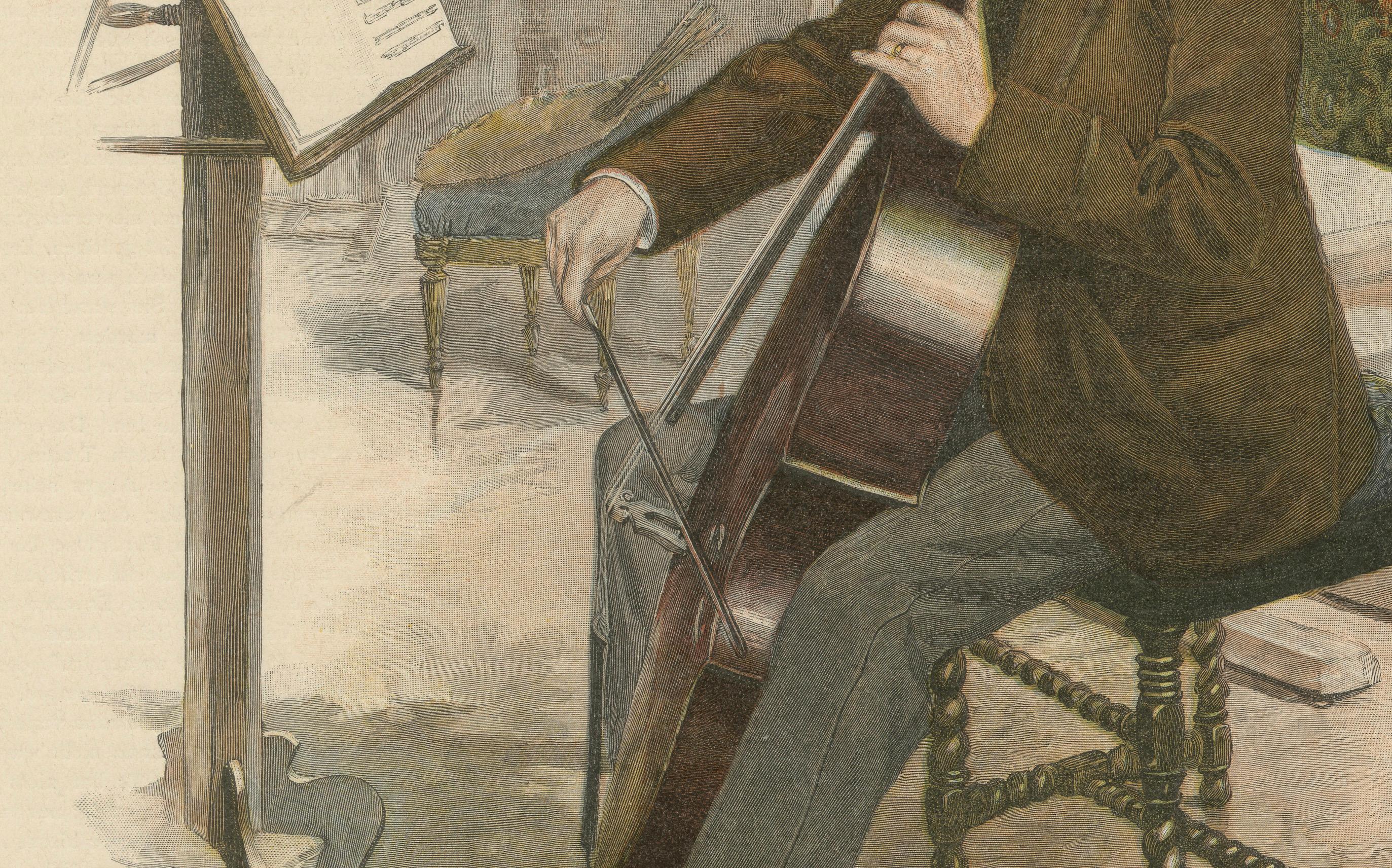 Charmante lithographie du XIXe siècle - Anton von Werner jouant du Cello, c. 1890 Bon état - En vente à Langweer, NL