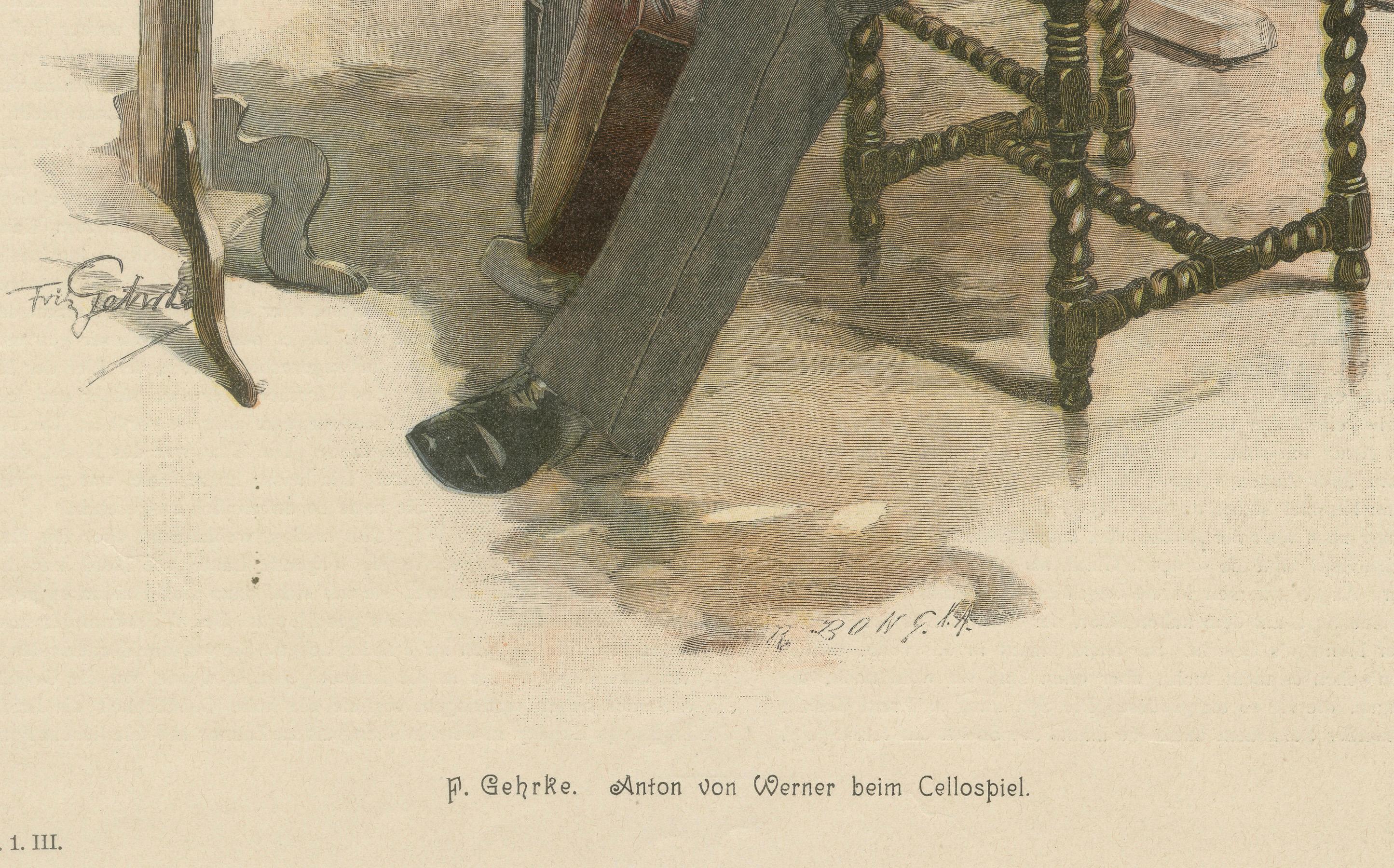 Fin du XIXe siècle Charmante lithographie du XIXe siècle - Anton von Werner jouant du Cello, c. 1890 en vente