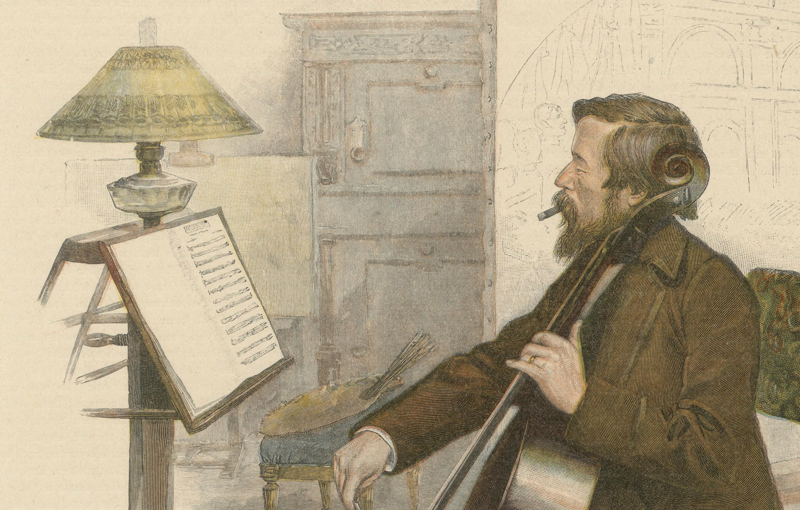 Papier Charmante lithographie du XIXe siècle - Anton von Werner jouant du Cello, c. 1890 en vente