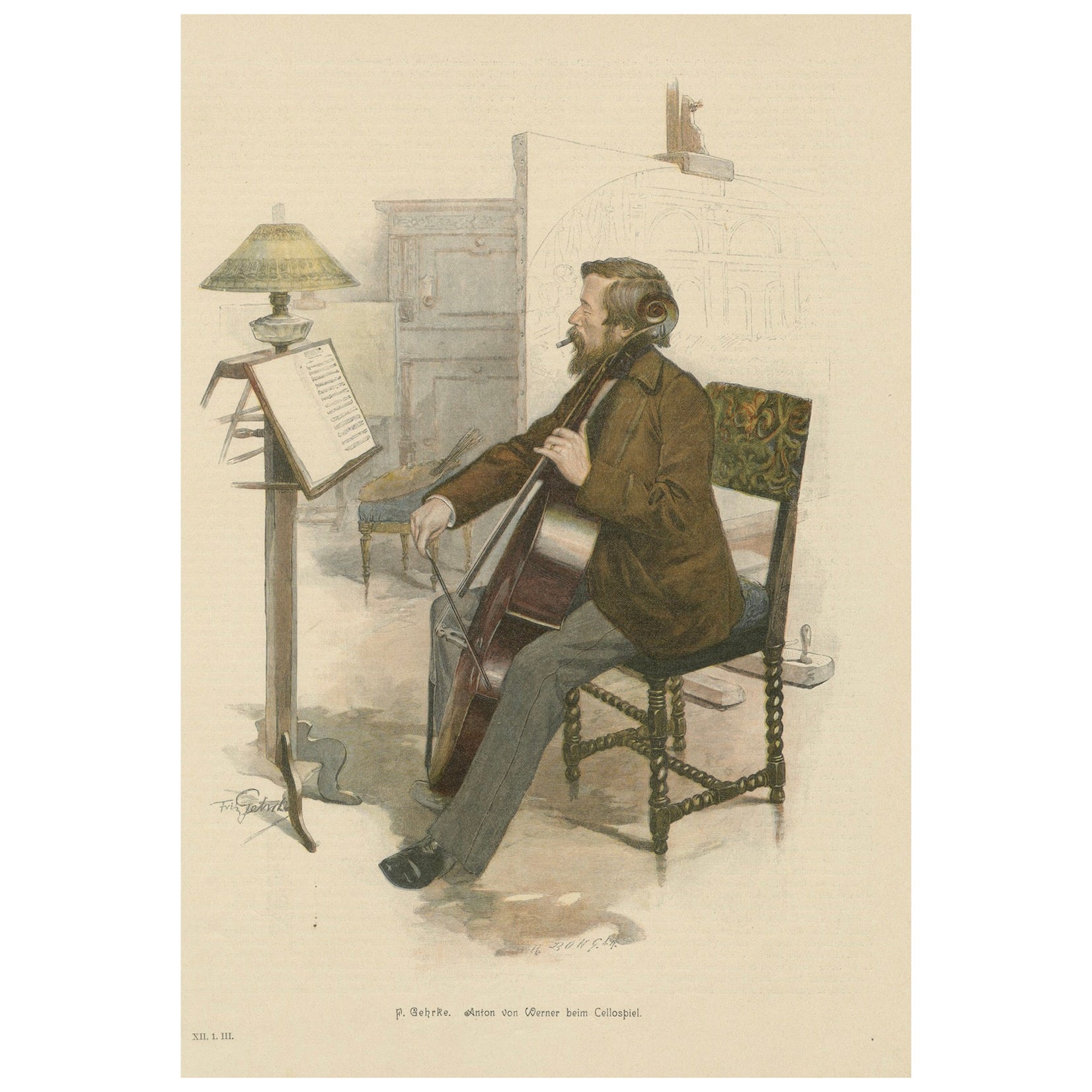 Charmante lithographie du XIXe siècle - Anton von Werner jouant du Cello, c. 1890