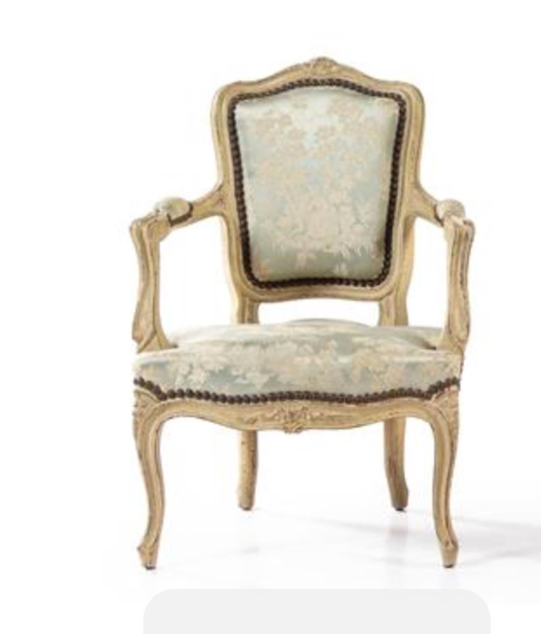 Charming 19th century pair of Louis XV style painted child's chairs, great worn painted finish with lovely old patina, blue silk damask.