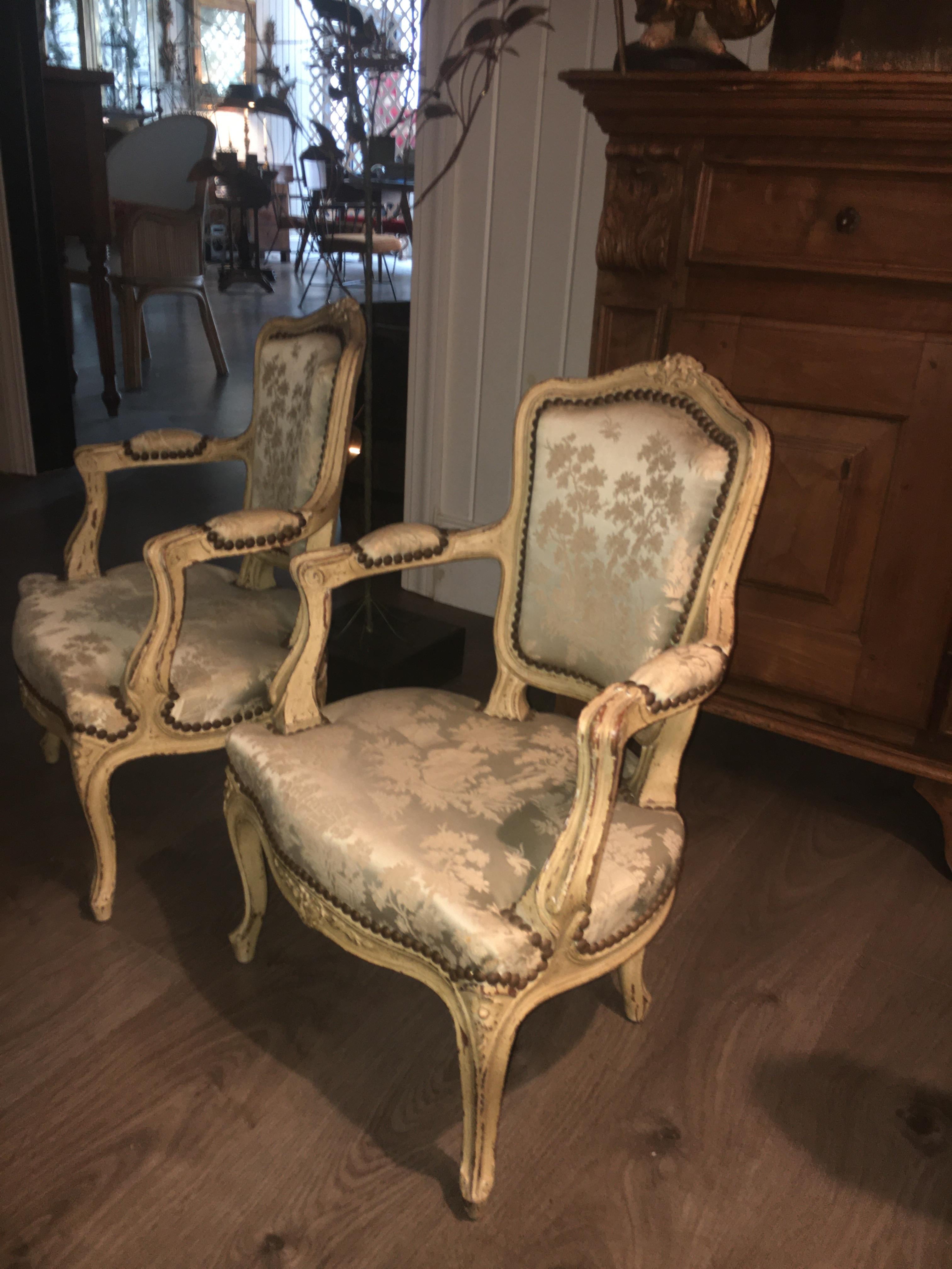 Louis XVI Charming 19th Century Pair of Louis XV Style Painted Child's Chairs Upholstered. For Sale