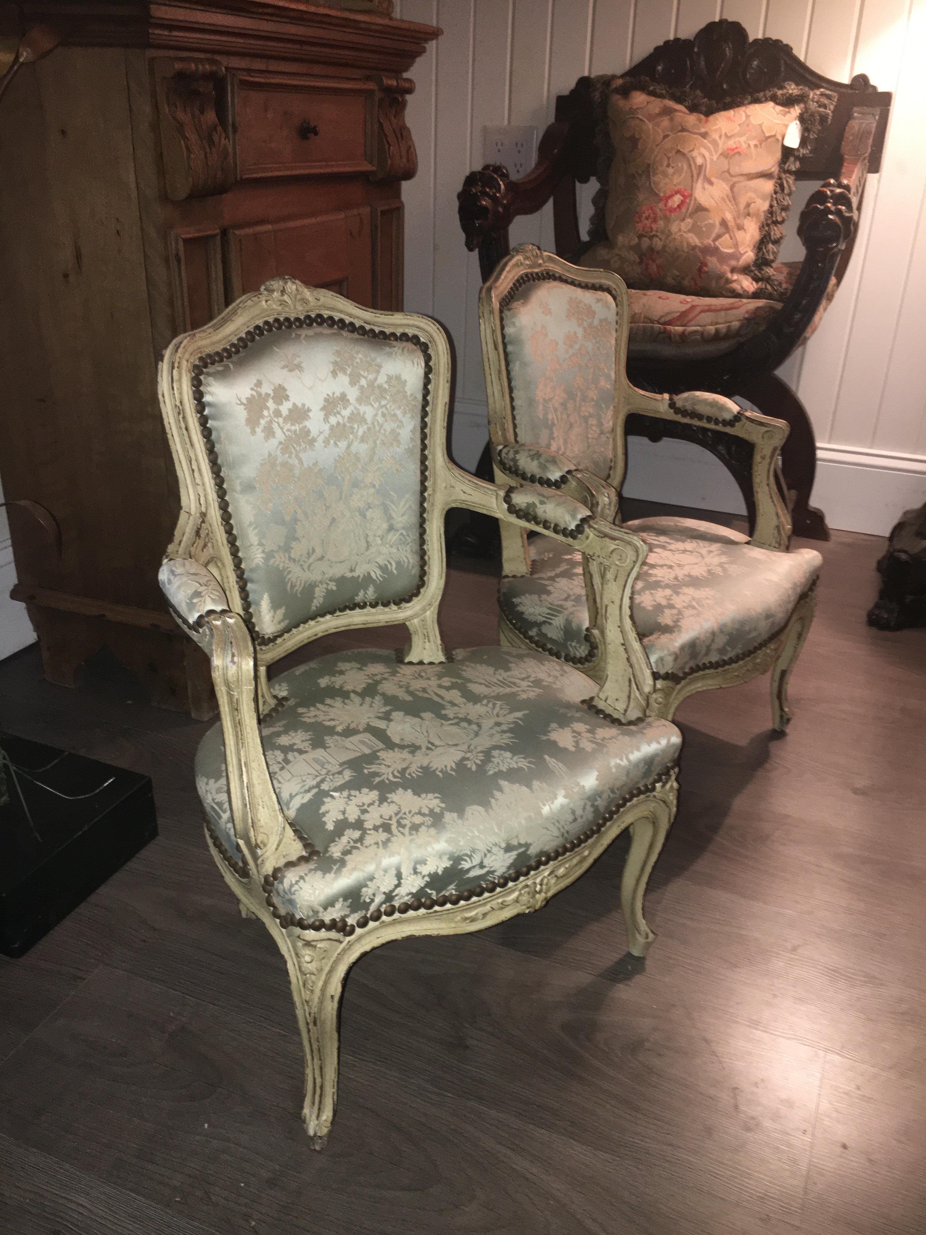 French Charming 19th Century Pair of Louis XV Style Painted Child's Chairs Upholstered. For Sale