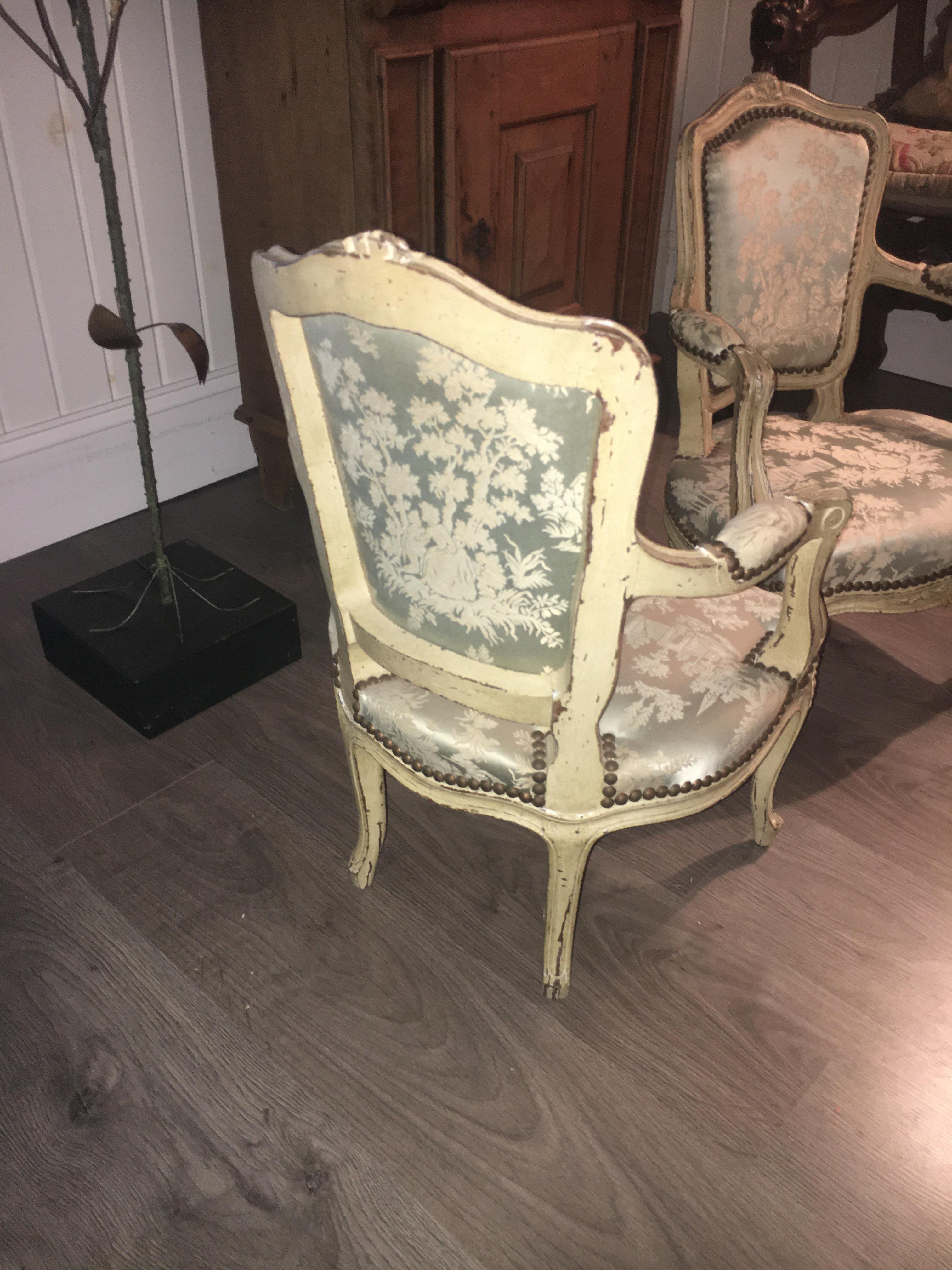 Charming 19th Century Pair of Louis XV Style Painted Child's Chairs Upholstered. In Good Condition For Sale In Buchanan, MI