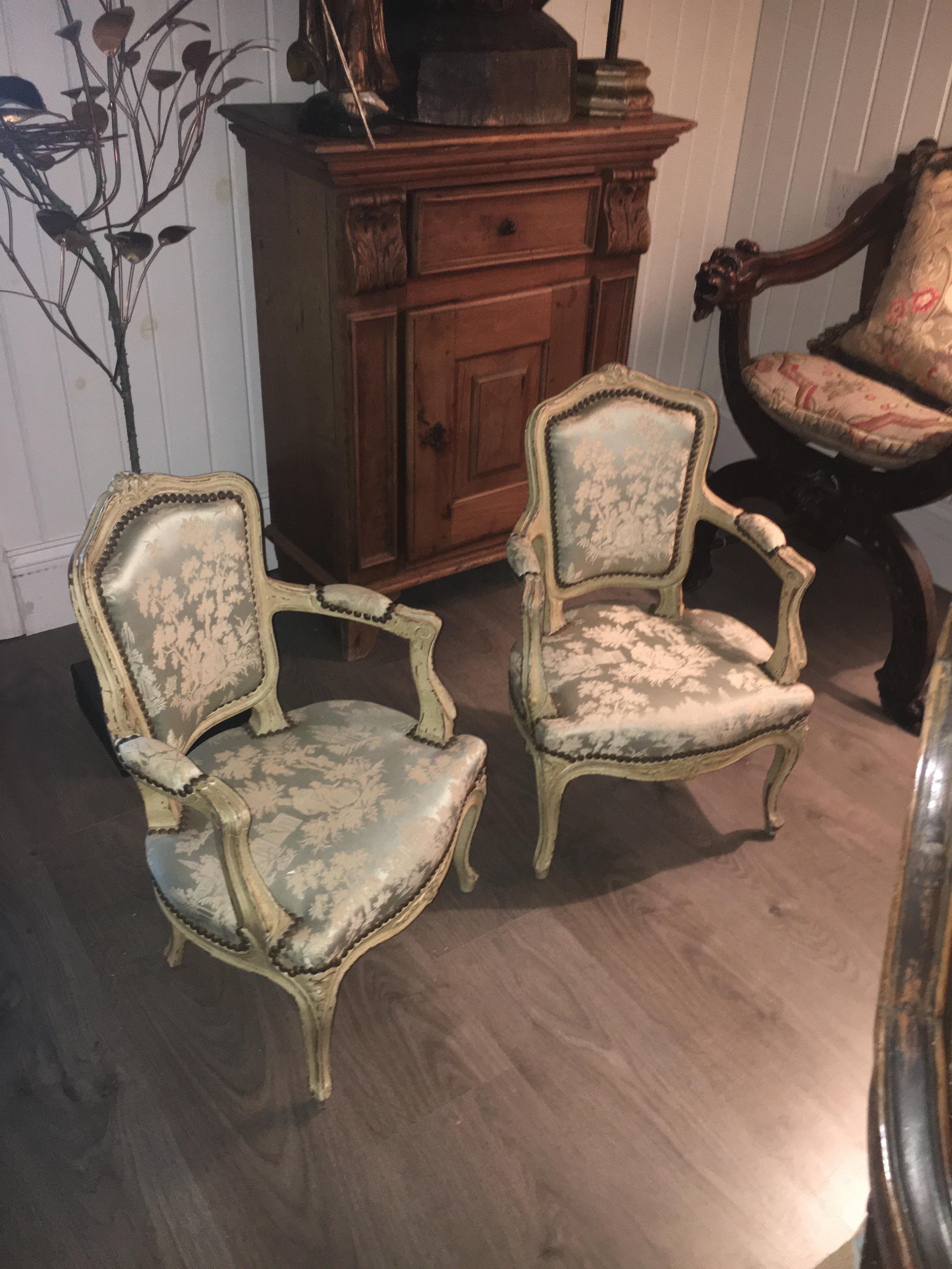 Wood Charming 19th Century Pair of Louis XV Style Painted Child's Chairs Upholstered. For Sale