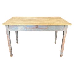 Charming 19th Century Pine Country Side Table or Desk with Original Blue Paint