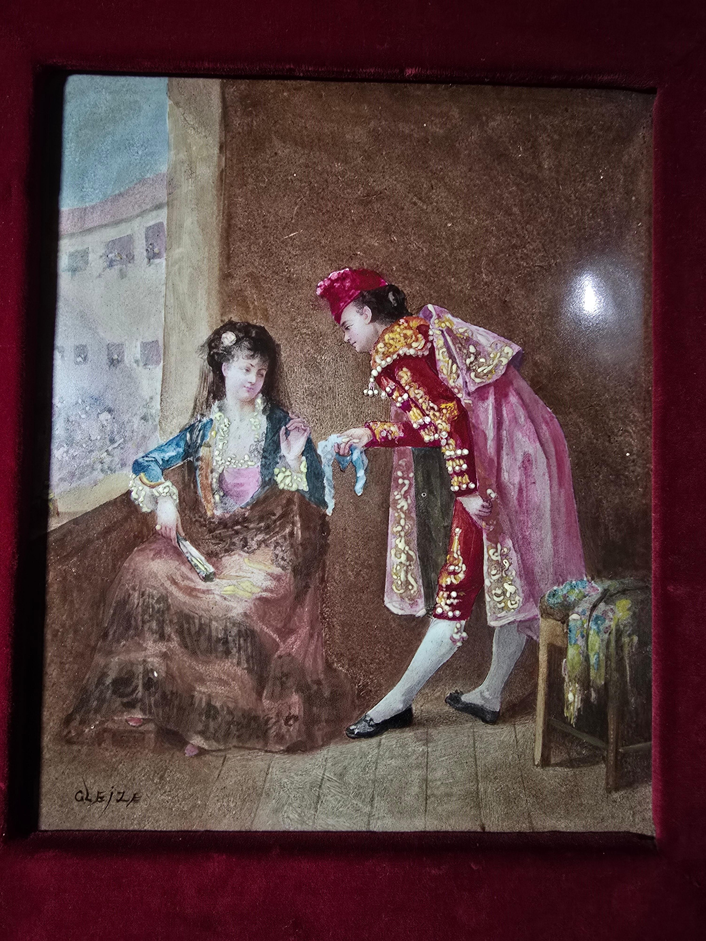This exquisite porcelain plaque, hand-painted and framed, showcases a delicate courtship scene featuring a bullfighter adorned in traditional attire. Signed by Gleize, this work represents fine Spanish craftsmanship from the 19th century.

The