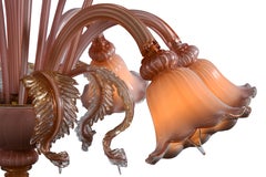 Charming Six-Arm Fluted Rose Murano Glass Chandelier with 24K Gold Accents