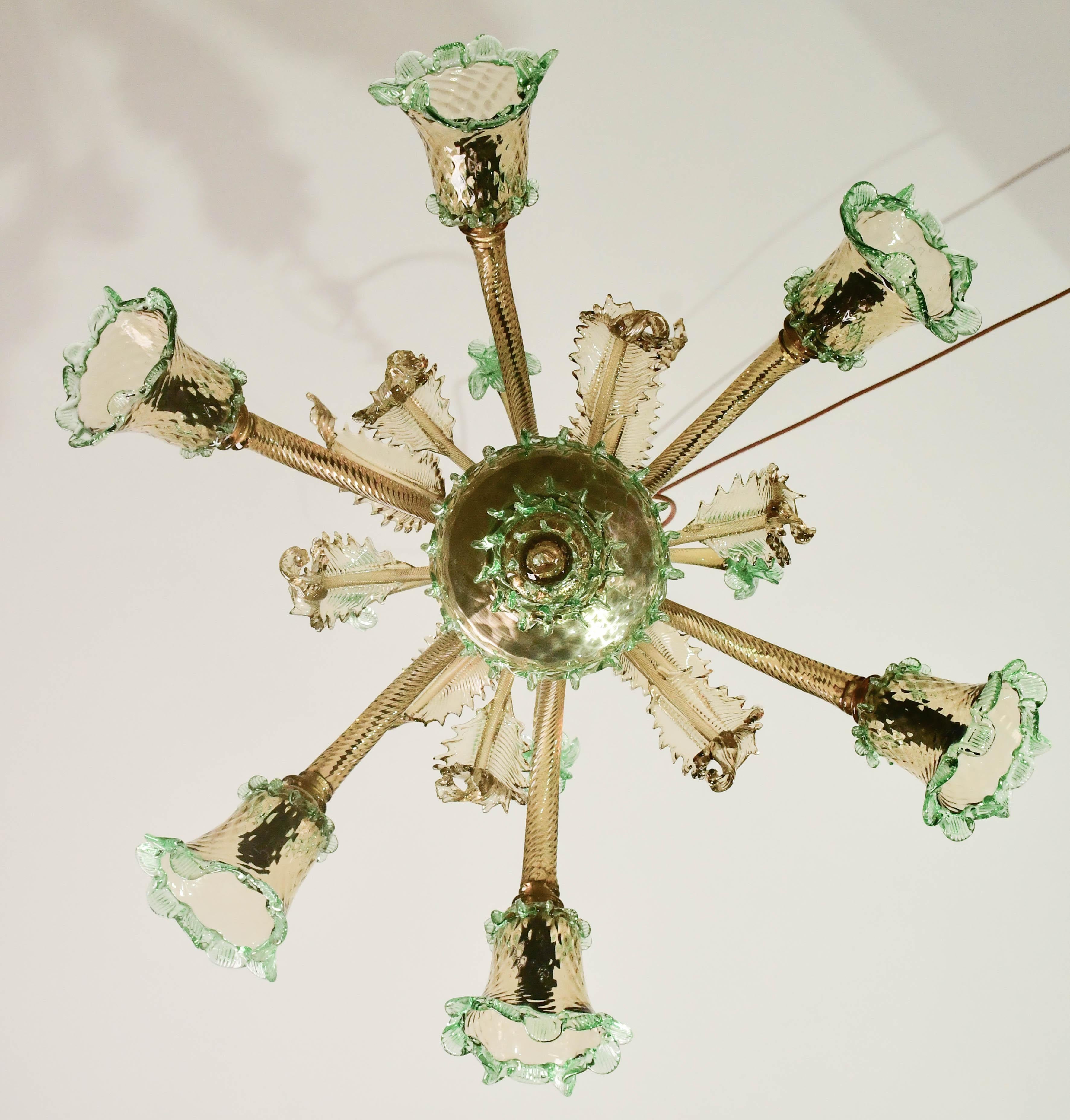 Charmant lustre vénitien vintage à 6 branches, verre de Murano vert, années 1950 en vente 4